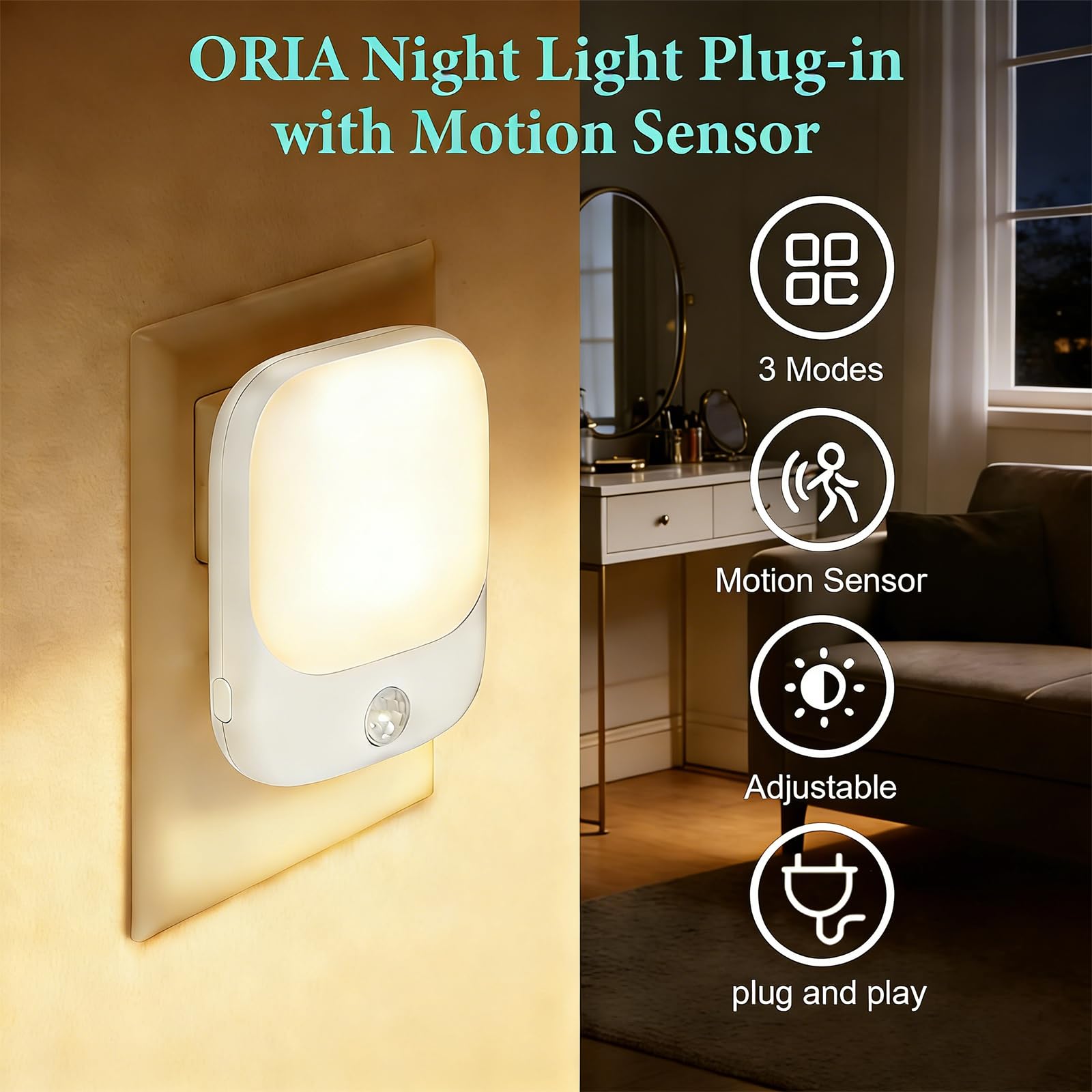 ORIA Lampka nocna z czujnikiem ruchu, 2 sztuki lamp wtykowych, 5 regulowanych jasności, tryb ON/AUTO/OFF, lampka nocna LED do pokoi dziecięcych, sypialni, schodów, kuchni - ciepła biel