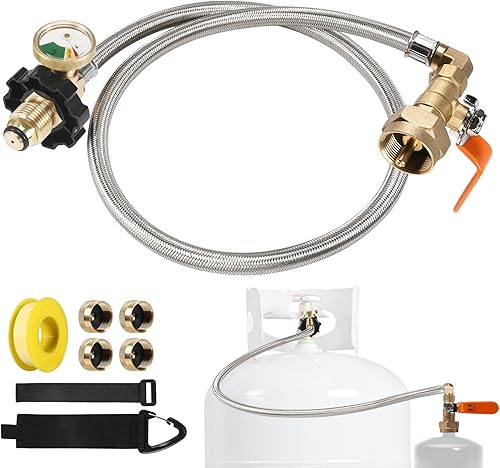 Vista 8 de PAMASE Manguera adaptadora de repuesto de propano para tanques de 1 libra, manguera de extensión QCC1 de 36 pulgadas con 4 tapas de latón, llena