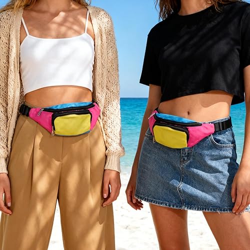 Vista 6 de Riñonera retro neón de los años 80 con 2 bolsillos, manos libres, pequeñas bolsas para cinturón para mujeres y hombres, viajes, fiesta de Halloween
