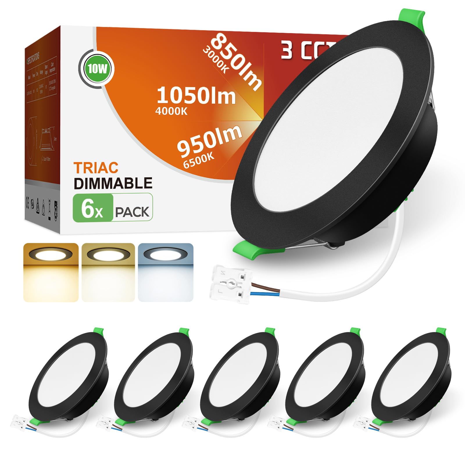ALUSSO LED Einbaustrahler 230V Dimmbar Flach 10W 1050LM Spots Schwarz 3CCT 3000K Warmweiß 4000K Neutralweiß 6500K Kaltweiß IP44 Einbauleuchten für Badezimmer Küche Wohnzimmer, 6er Set