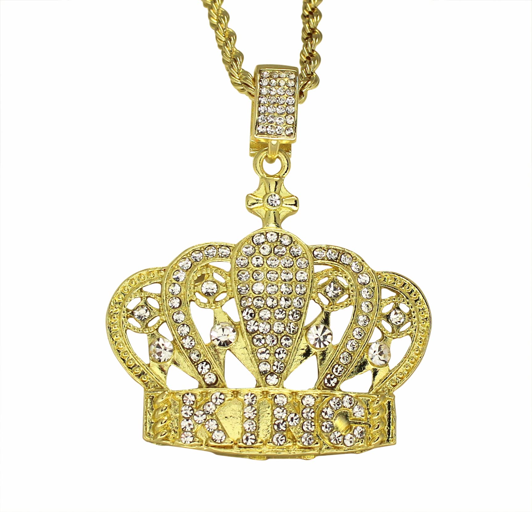 Mens Iced Crown CZ King Pendant 24" Rope Chain 14k Gold Plated Hip Hop Jewelry