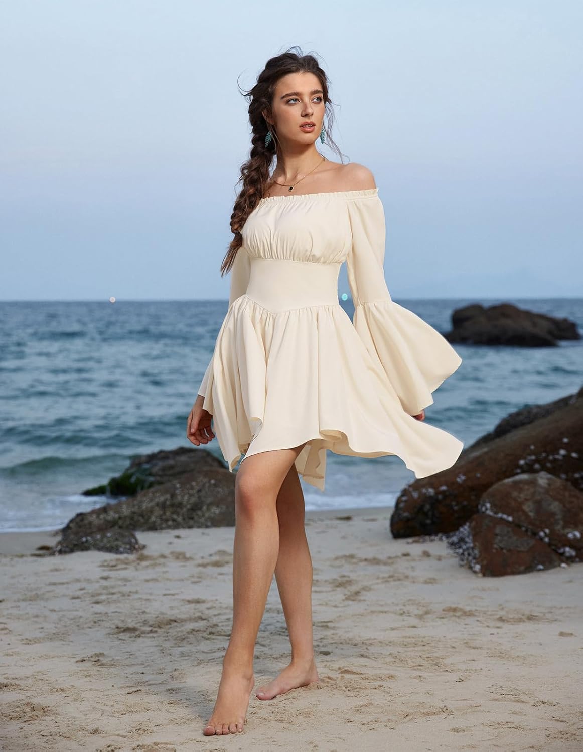 Scarlet Darkness Renaissance Costume Women Pirate Peasant Off Shoulder Bell Sleeve Fairy Dress - Image 8