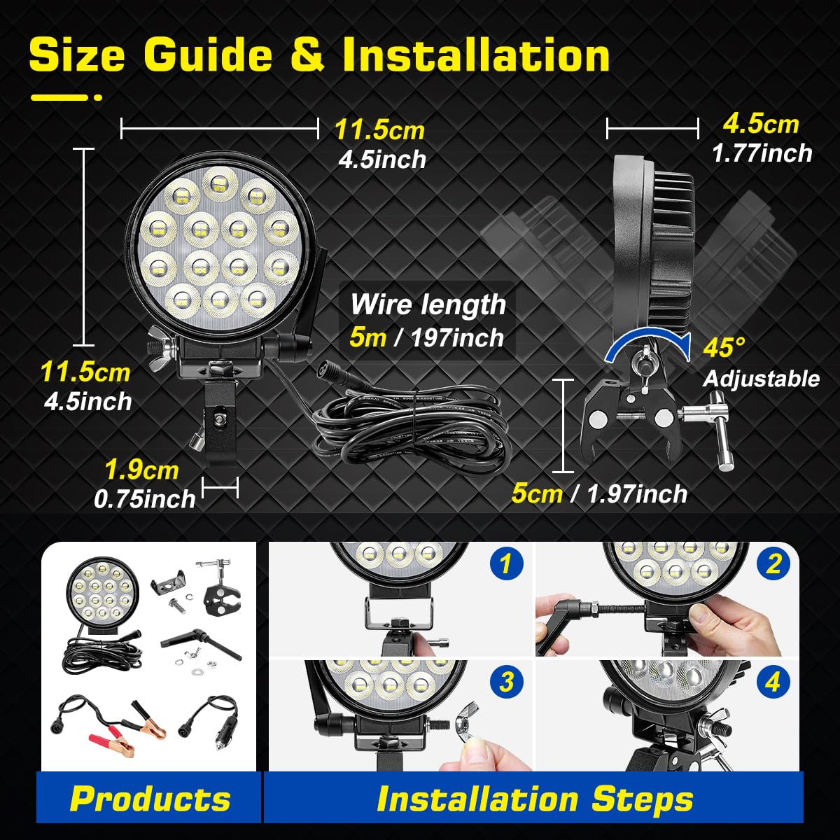 Portable LED Boat Spotlight with Mounting Clamp, 2 Way Power Super Bright LED Work Light 12V Marine Spot Lights for Boats Fishing, Battery Clamps/Cigarette Lighter Power Headlights for Camp Truck RV