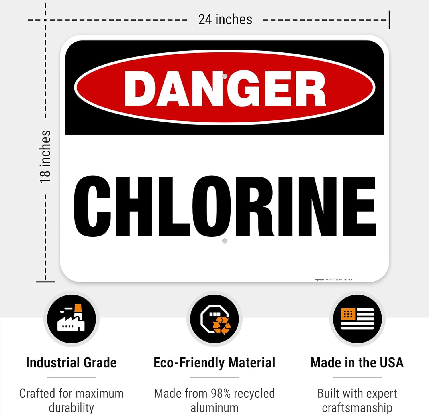 Danger Chlorine Sign, Pool Sign, 18x24 Inches, Rust Free .063 Aluminum, Fade Resistant, Easy Mounting, Indoor/Outdoor Use, Made in USA