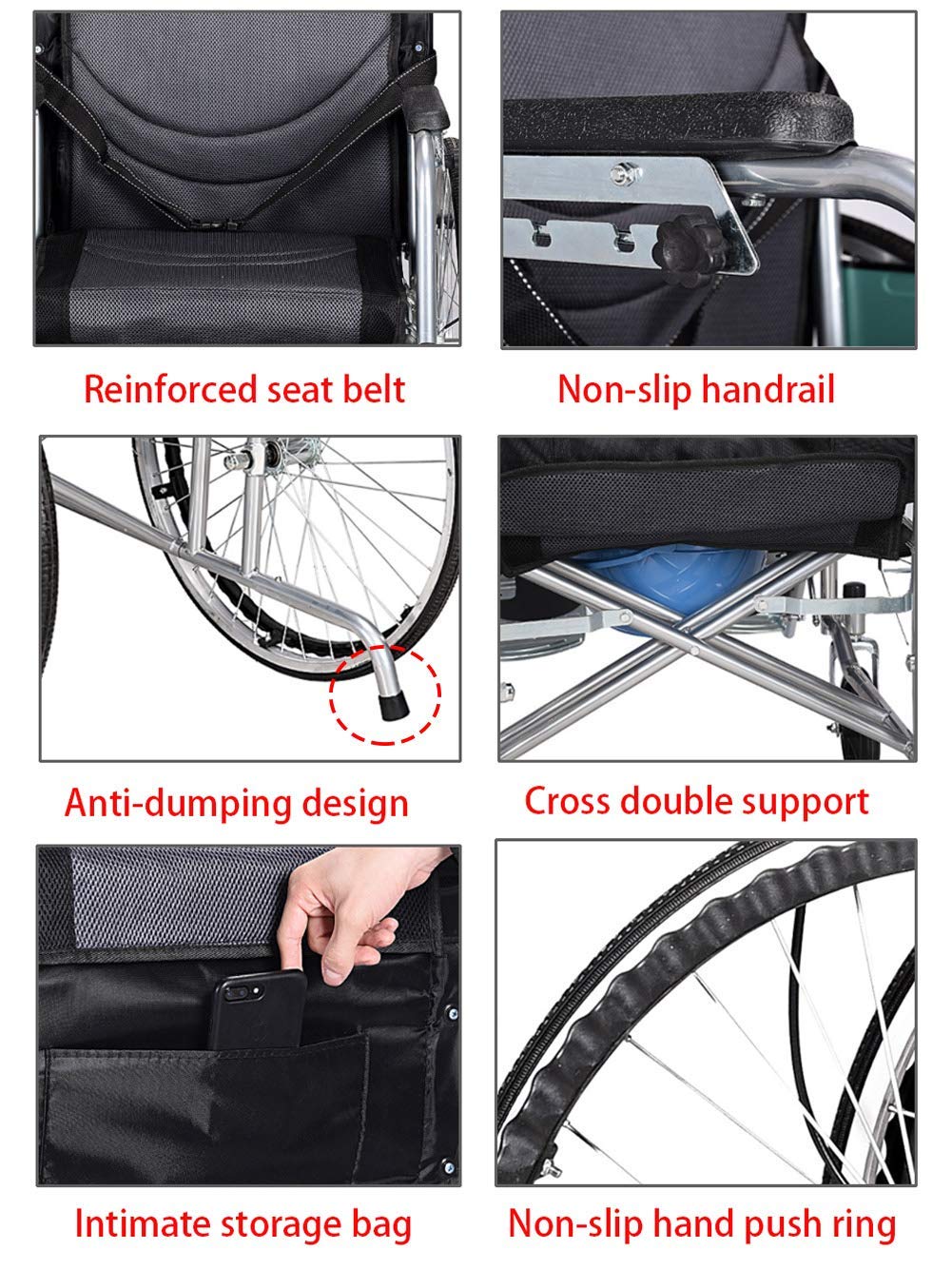 Silla de ruedas con reposacabezas, silla de ruedas eléctrica plegable y ligera, protección antimicrobiana, silla de transporte plegable es portátil, ruedas traseras grandes de 24 pulgadas,