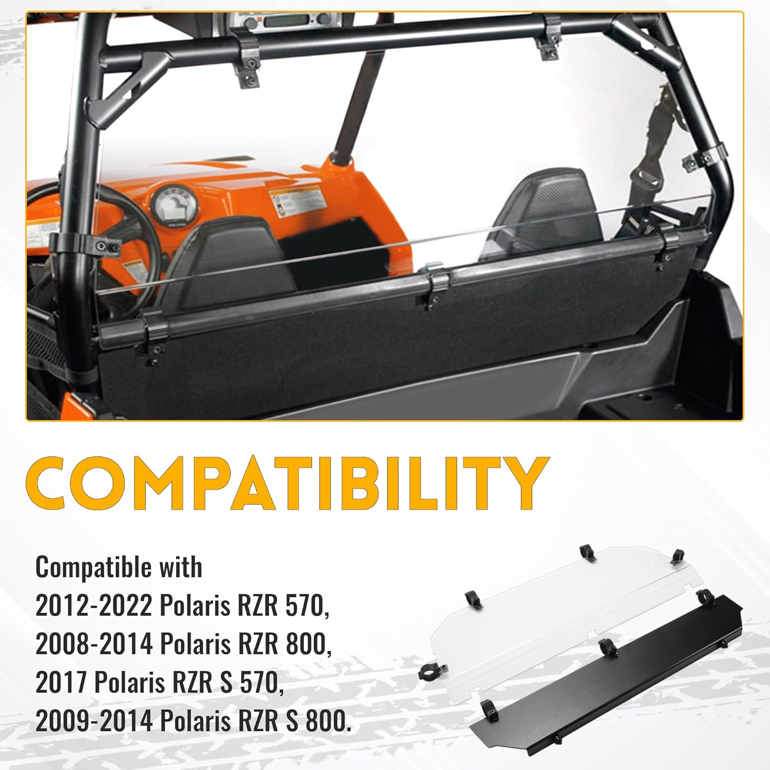 KUAFU Rear Windshield & Back Panel Compatible with 2008-2022 Polaris RZR 570/800 RZR S 570/800 Windscreen Black Hard Window Panel