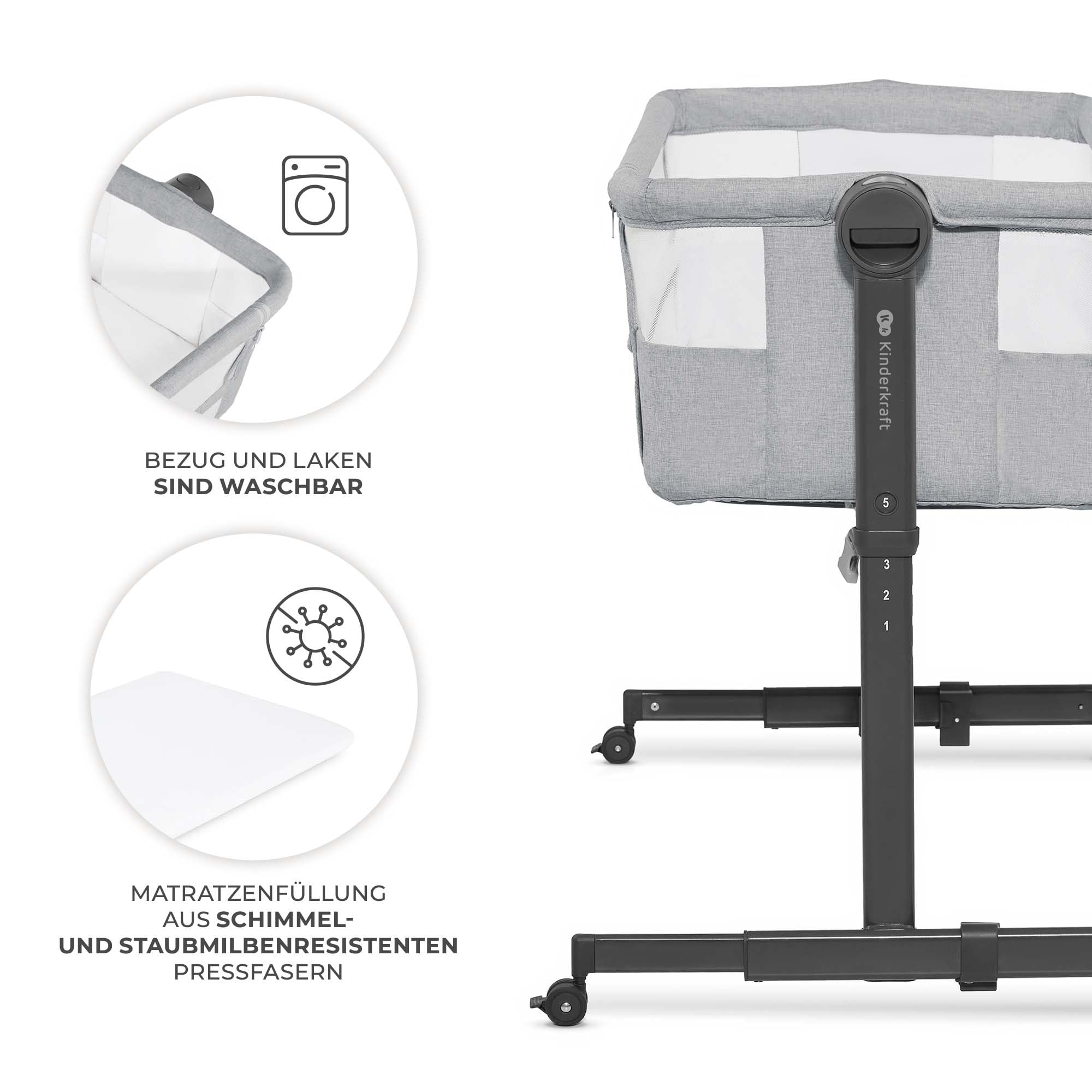 Kinderkraft NESTEE UP 2 Beistellbett 2 in 1, Kinderreisebett mit Matratze Laken, 5-stufige Matratzenhöhenverstellung, 4 Rädern mit Bremse, Weichen Material, Leichte Konstruktion, Grau