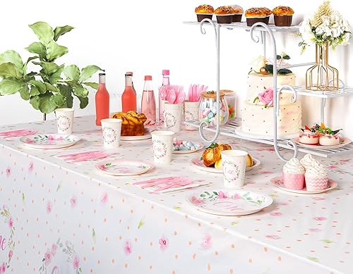 Miniatura 7 de DECORLIFE Juego de 113 platos y servilletas de primer cumpleaños para niña, decoración de primer cumpleaños, incluye platos de papel floral, mantel,