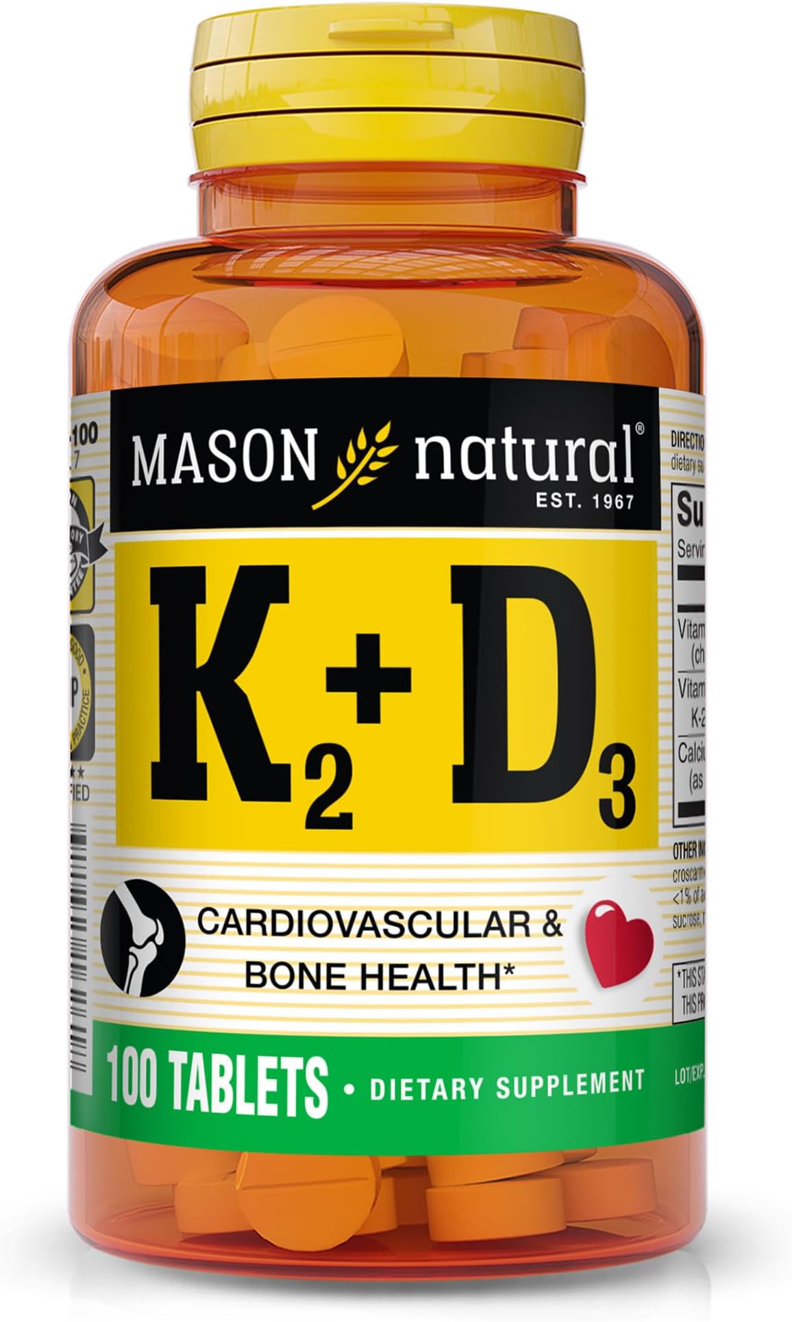 Natural K2 100 mcg Plus D3 1000 IU Tablets, 100 Tablets