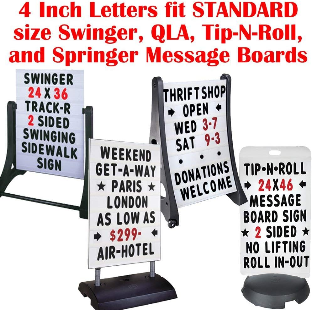 Additional Letters for White Message Board Sidewalk Signs with 4 Inch Tracks, Extra Common Letters, Black on White Background