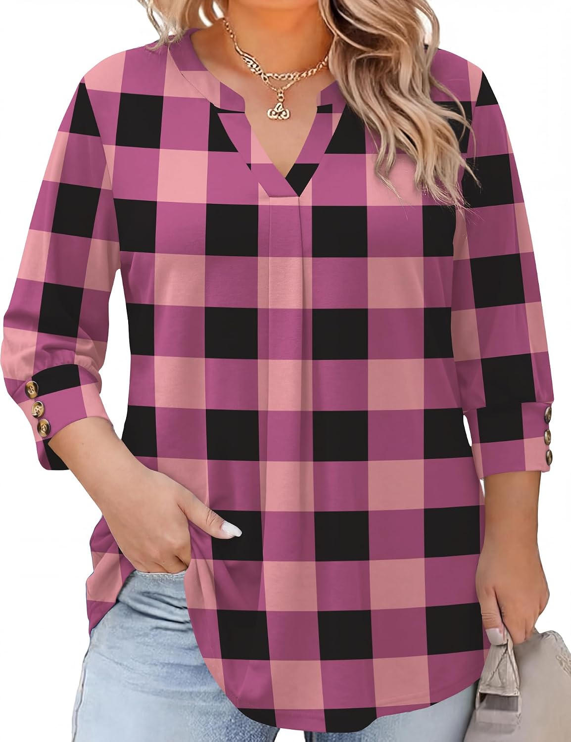 TFSDOD Womens Plus Size Tops 3/4 Length Sleeve Womens Tops V Neck Blouses Pleated Tunic Plus Size Fashion (1X-5X)