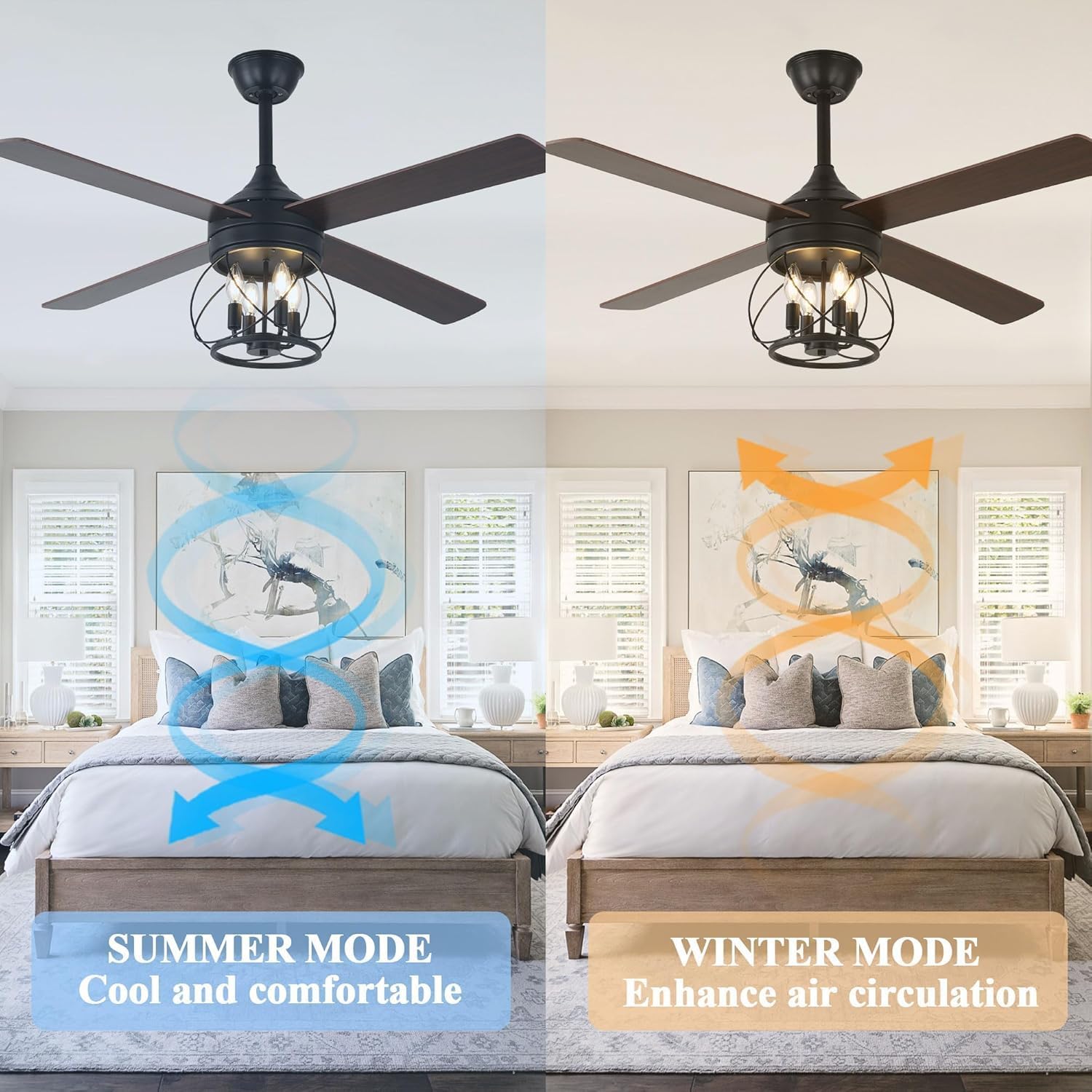 52 Inch Farmhouse Ceiling Fan with Lights Remote Rustic Ceiling Fan Modern Caged Chandelier Black Fandelier, 5 Dual Blades, Reversible Quiet DC Motor 6 Speeds Timer for Living Room Patio