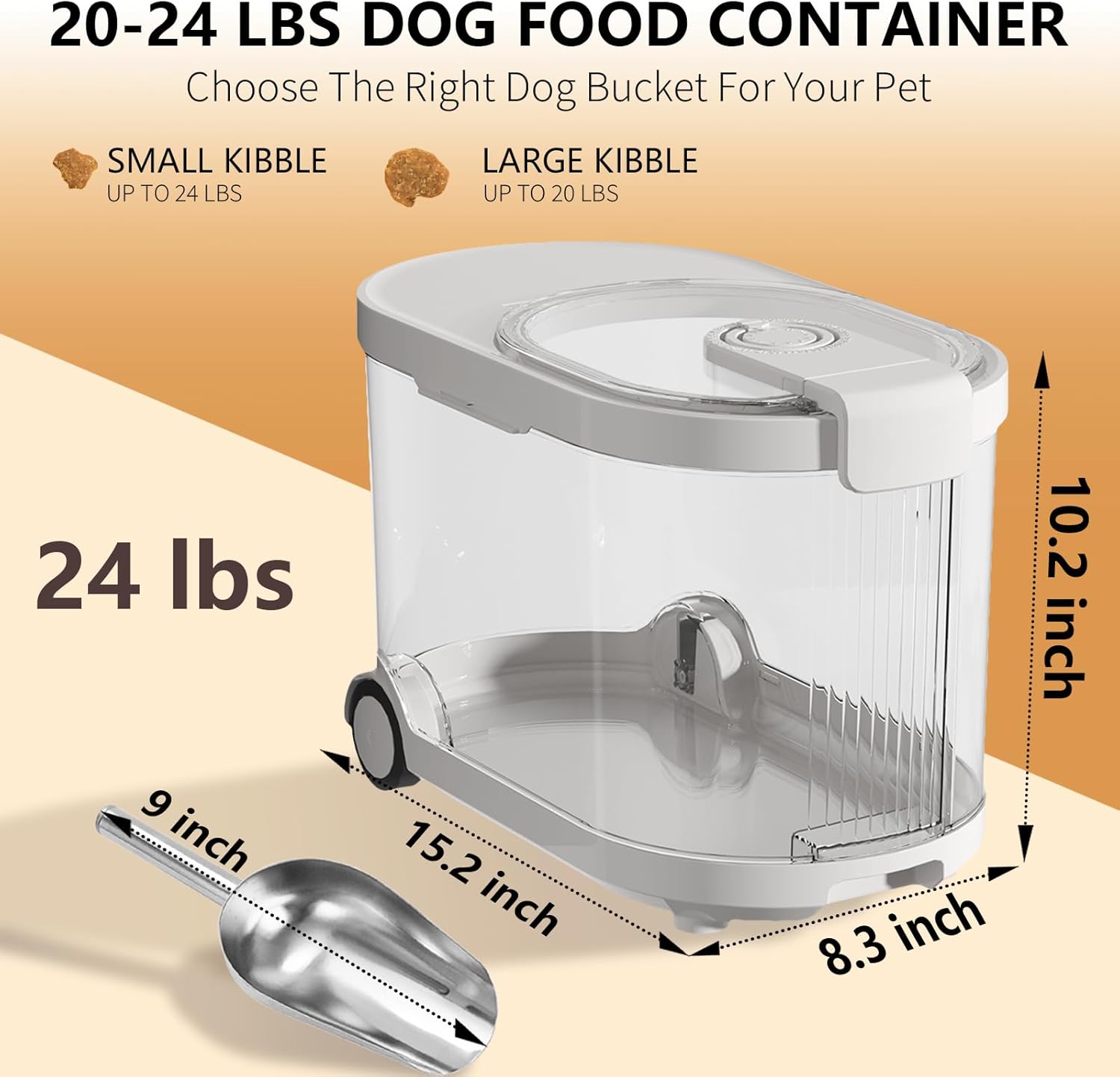 Airtight Pet Food Storage Container with Desiccant Chamber, Timer, Wheels & Scoop, 21 Liter, 24 lb / 11 kg, for Dog, Cat & Bird Feed, Clear BPA-Free Slim Rolling Bin with Lid