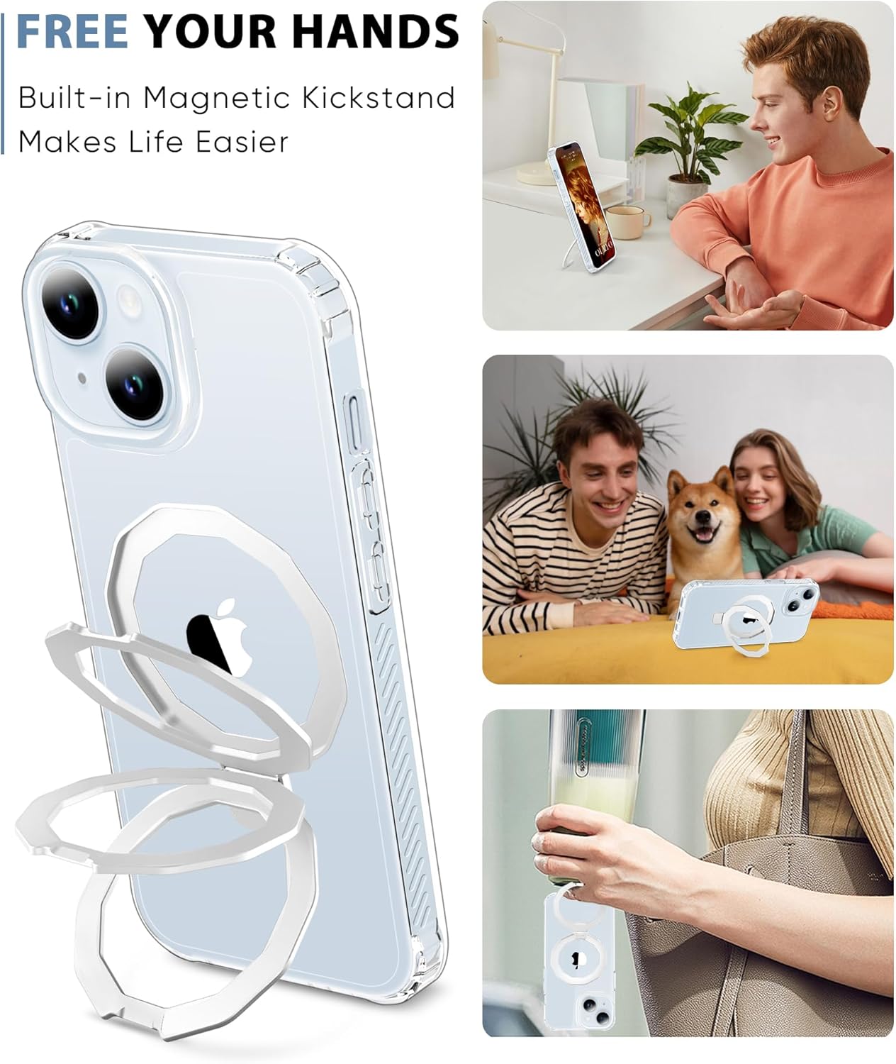 for iPhone 15 Case, with Screen Protector + Camera Lens Protector, Built-in Seamless Stand, [Compatible with MagSafe] Protective Shockproof Phone Case, Cover for iPhone 15 - Clear - Image 3