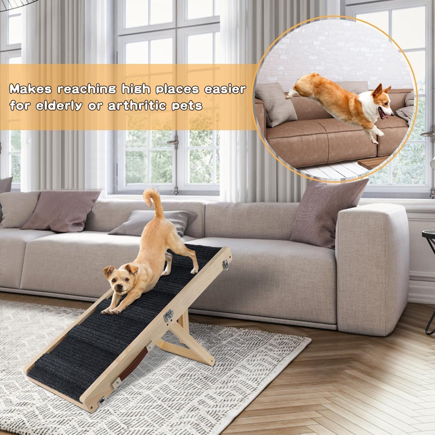 Wooden Adjustable Dog Ramp for Small Dogs, Folding Portable Doggie Ramp Rated for 55 LBS Adjustable 8.3"-17.3" Dog Ramp for Bed with Non-Slip Traction Mat