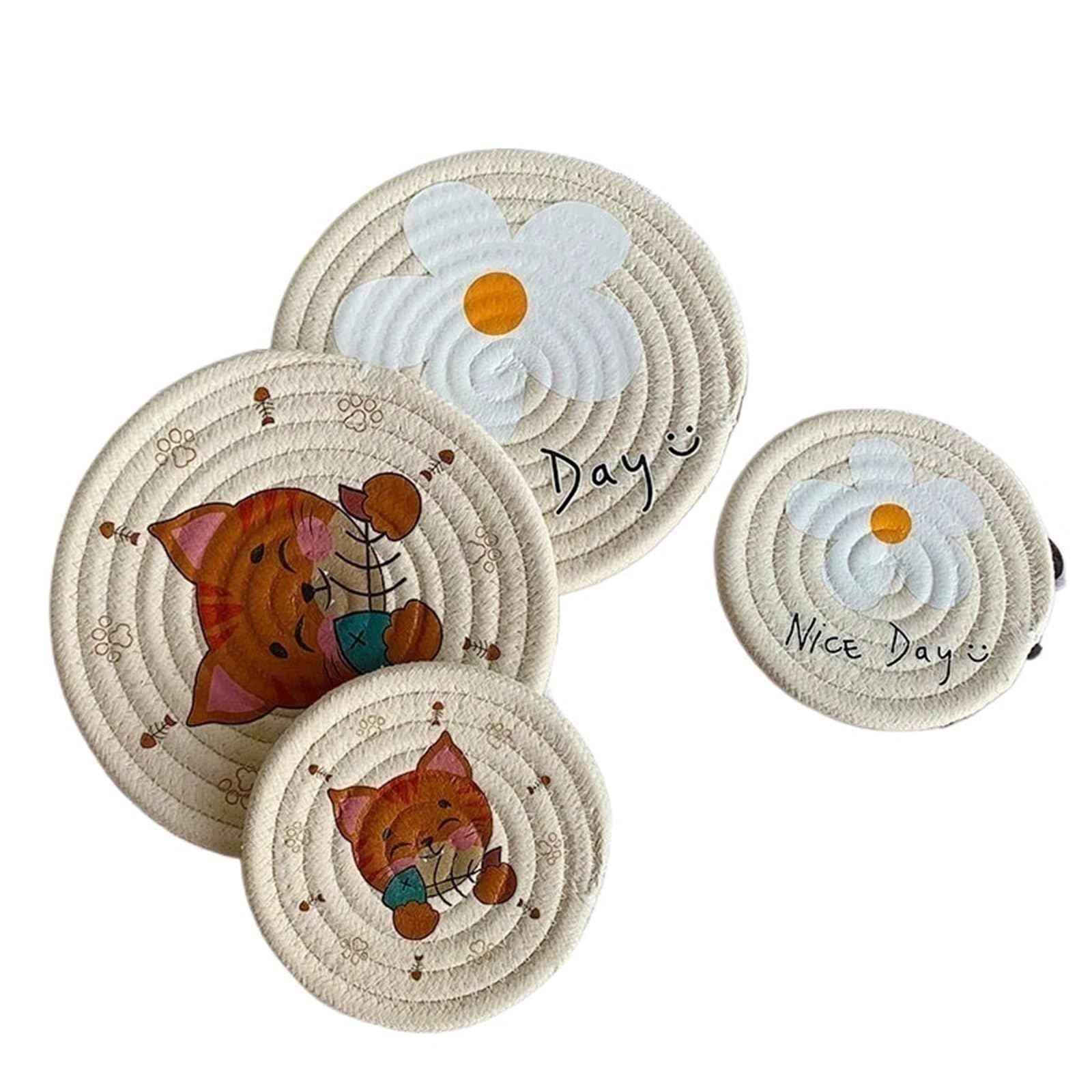 Cotton Coasters 4pcs Cotton Rope Braided Insulation Bowl Table Mat Creative Kitten Pattern Placemat Coaster