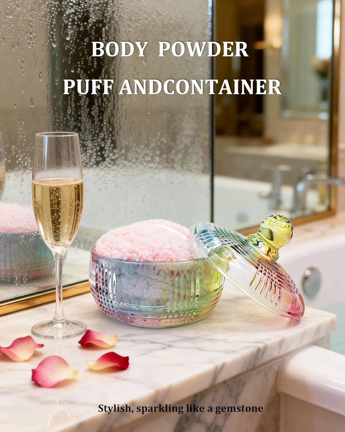 Extra-Large Body Powder Puff and Container - 5.7'' Glass Crystal Dusting Powder Container with 5.9'' Body Soft Washable Reusable Velour Face (Colorful)