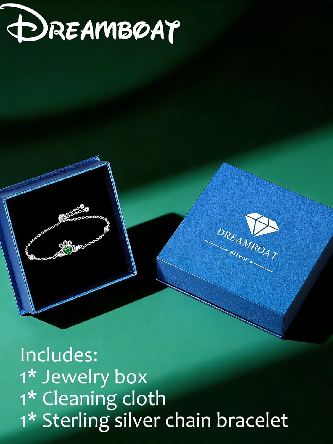 Dreamboat Sterling Silver Claddagh Bracelet for Women Irish Bracelet Green Emerald May Birthstone Luck Scottish Jewelry Irish Gift