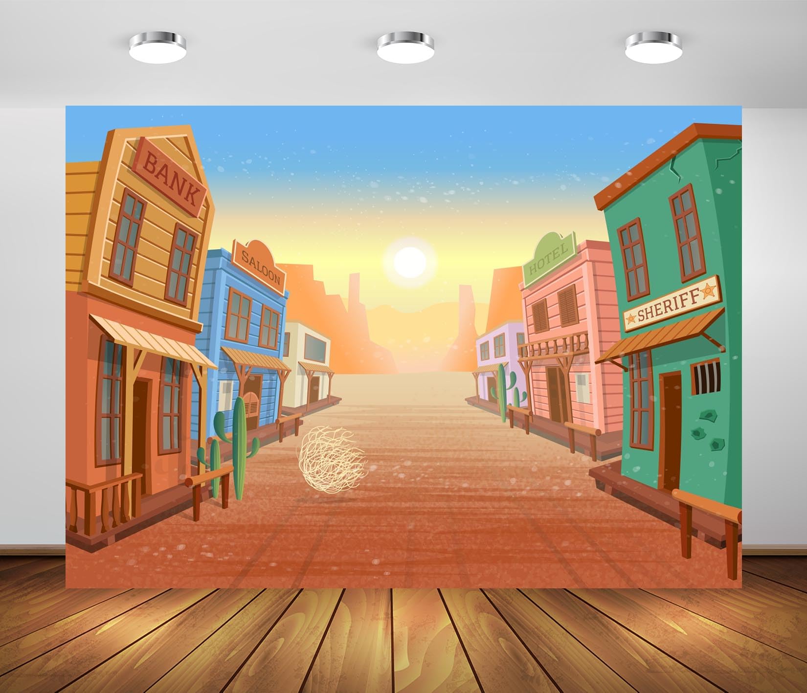 Loccor 5x3ft Fabric Cartoon Western Town Backdrop Wild Western Desert Town Street Wood Buildings Background Cowboy Cowgirls Backdrop Birthday Party