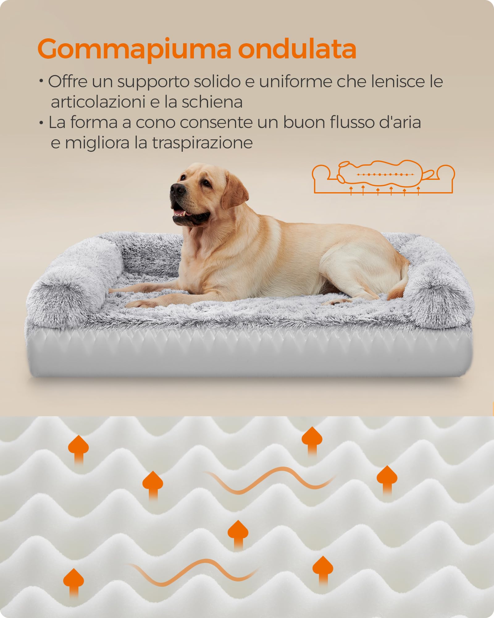 Feandrea FluffyHug Cuccia per Cani, Taglia XXL, Divano Letto per Cani di Taglia Grande, di Gommapiuma Ondulata, Copertura Lavabile Sfoderabile, 122 x 85 x 24 cm, Grigio Ombré PGW234G01