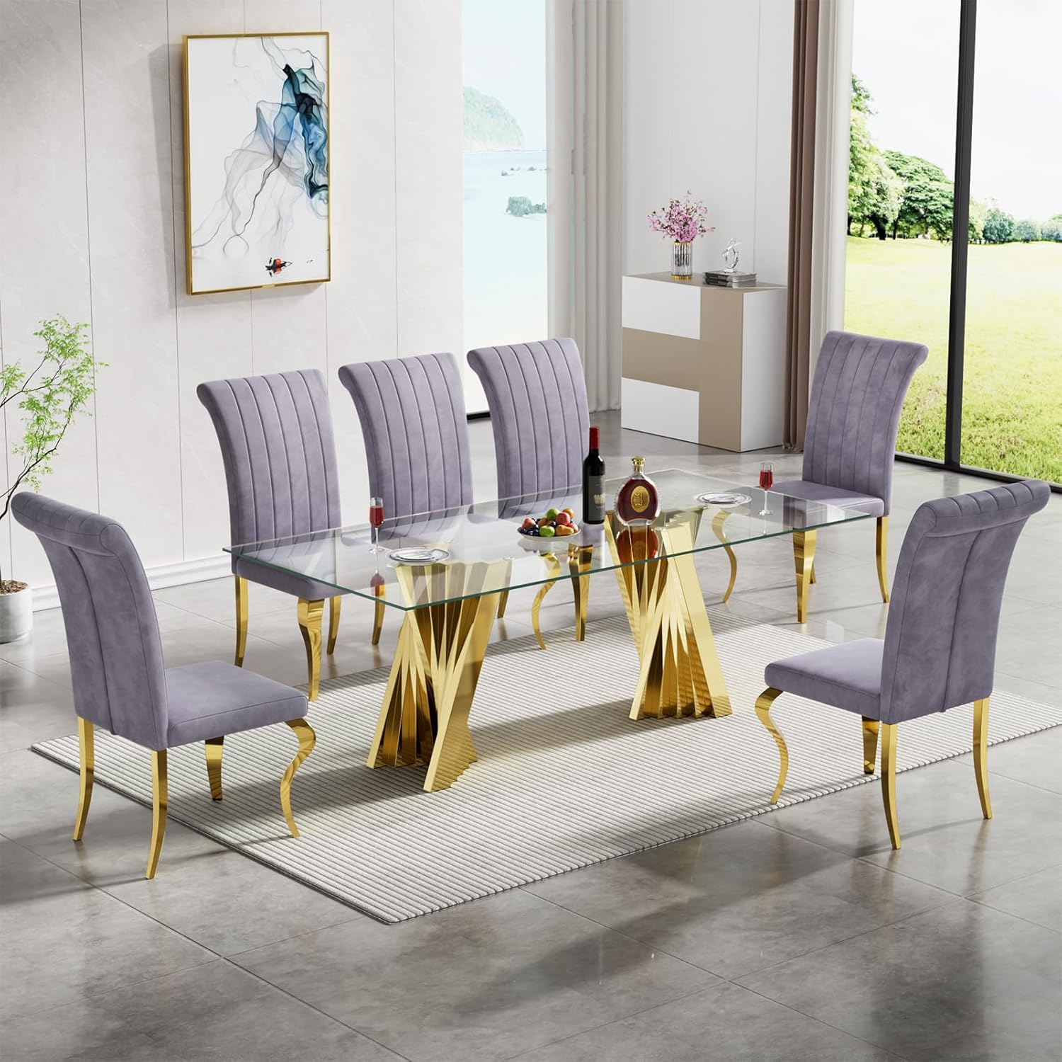 Amazon.com - Pvillez Glass Dining Table Set for 6, Modern Dining Room Table Set for 6 with 70 ...