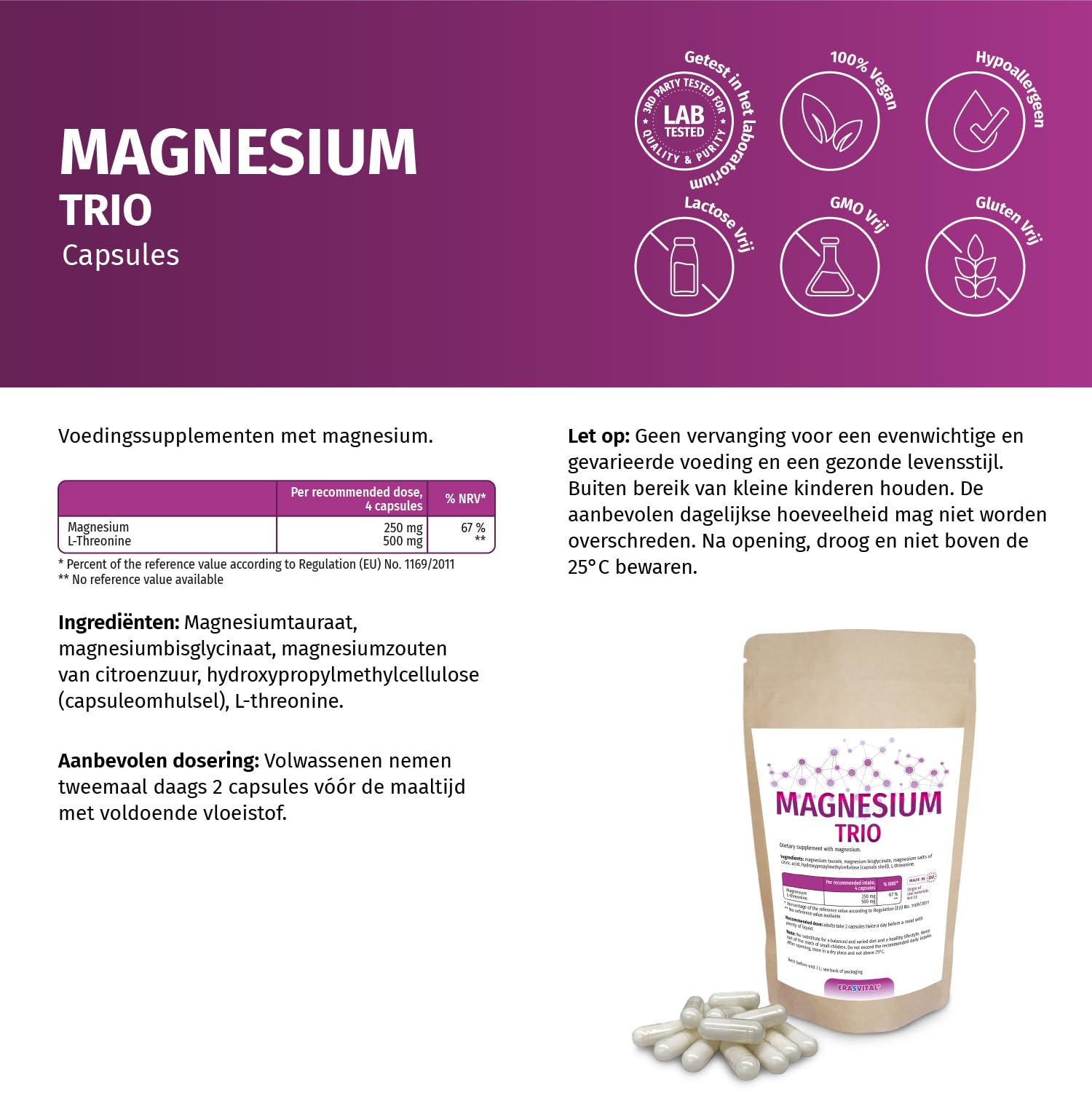 Magnesio Trio 360 cápsulas con taurato de magnesio, bisglicinato de magnesio, citral de magnesio y L-treonina, ideal para un público interesado en la salud mental.