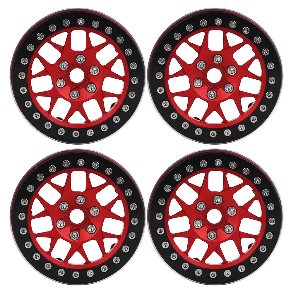 equlup 4pcs 2.2inch RC Beadlock Wheels Rims Aluminium Alloy Wheel Hub Upgrade Parts Fit for SCX10 TRXX4 1/10 RC Car Rim Hub (Black and Red)