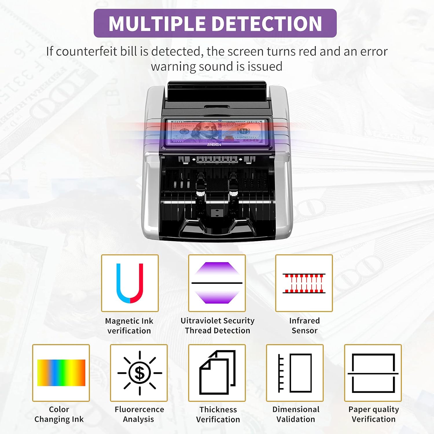Aneken Money Counter Machine with Count Value of Bills, Dollar, Euro UV/MG/IR/DD Counterfeit Detection Bill Counter, ValuCount, Add and Batch Modes, Cash Counter with LCD Display, 1000 Bills/Min : Office Products