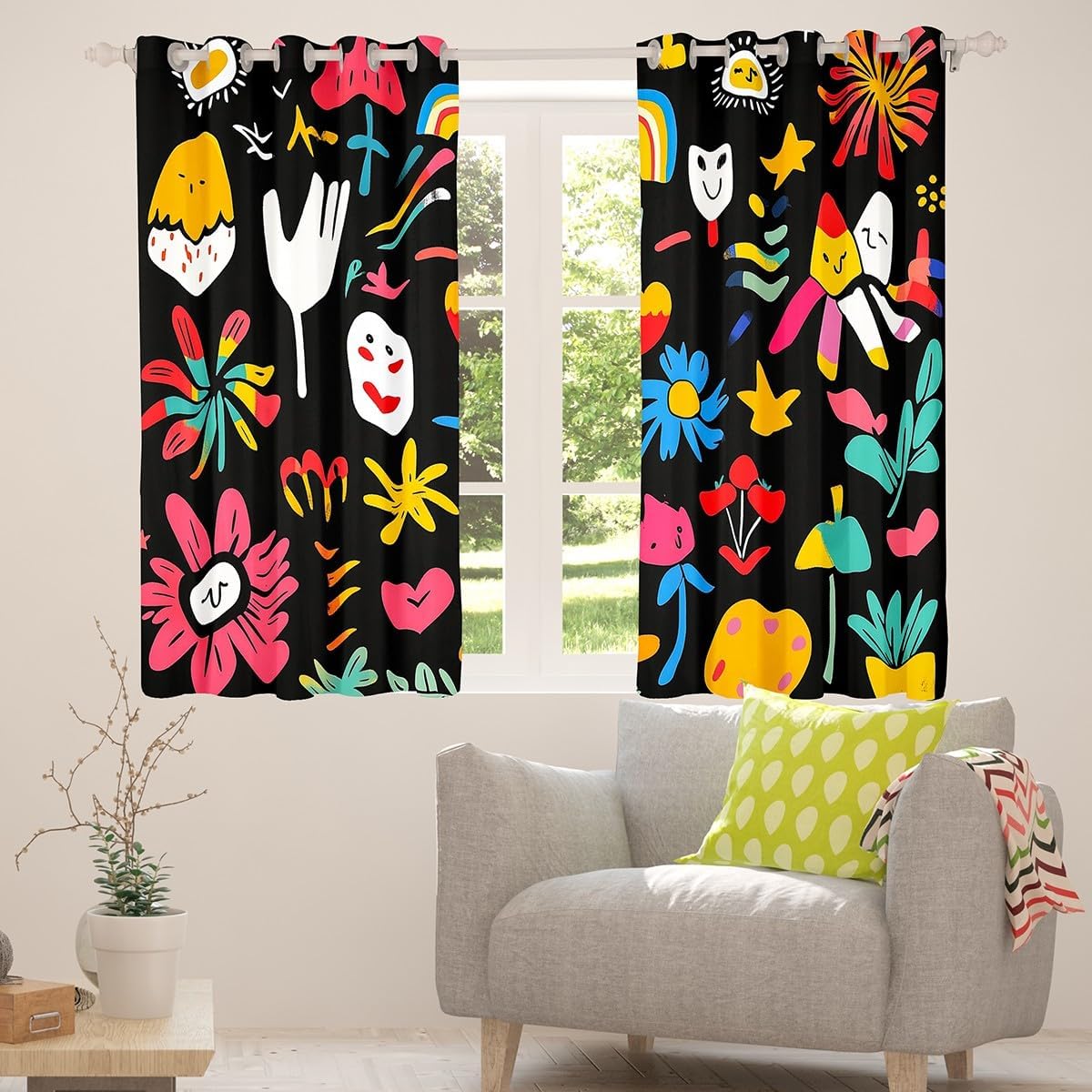 Groovy Flower Window Curtain,Cartoon Plants Theme Curtains Kids Boys Girls Teen Adult Room,Floral Red Heart Window Treatment Curtain Hippie Style Bohomia Window Drapes,Top 2 Panels,38" Wx45 L