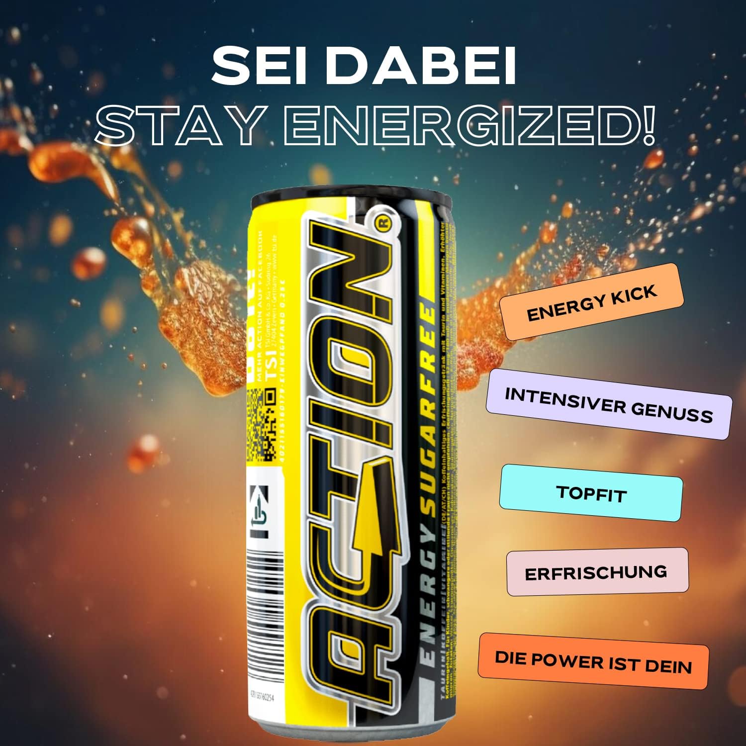 Action Energy Drink Sugarfree (48 x 250 ml) incluye depósito – Refresco con sabor 100% – patata energética con mayor contenido de cafeína 31,5 mg/100 ml de cafeína – sin azúcar – enfoque mejorado