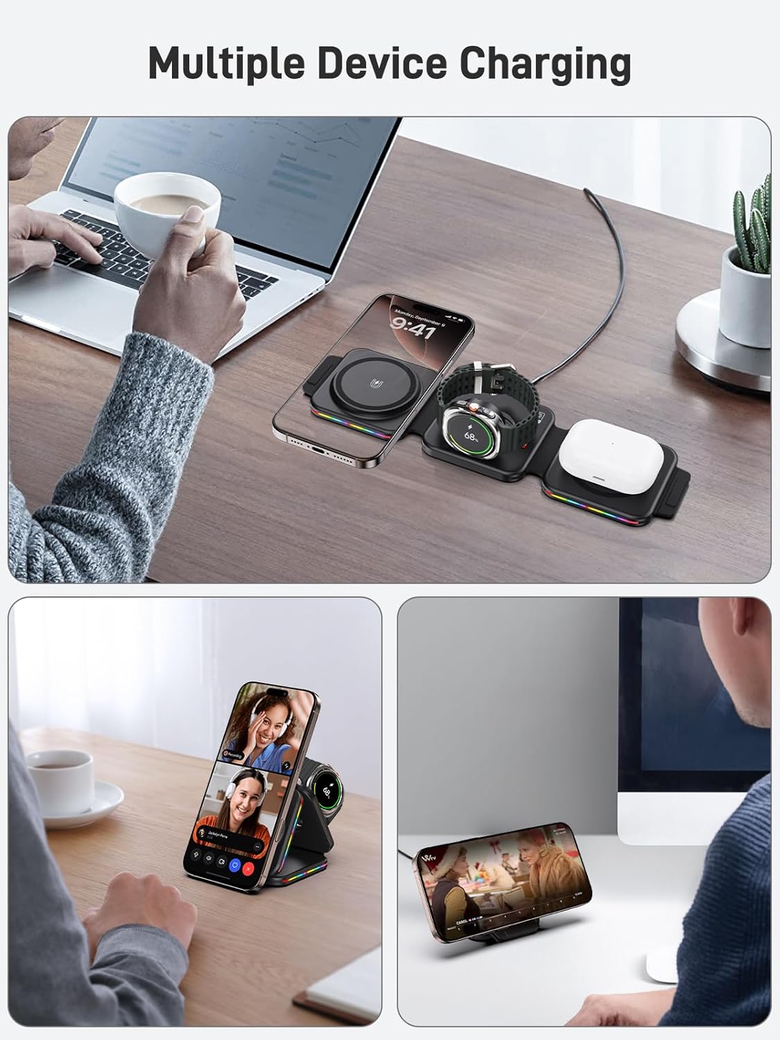 Wireless Charger for Samsung Charging Station with Clock and Foldable 3 in 1 Android Charging Station