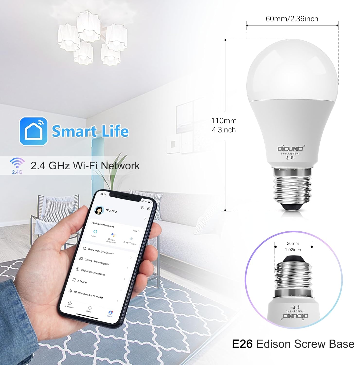 DiCUNO Smart Light Bulbs, Full Color Changing Bulb, Compatible with Alexa, Google Assistant, No Hub Required, RGBCW Multicolor Dimmable Smart LED WiFi Bluetooth A19 E26 9W 800LM Lights, 6-Pack