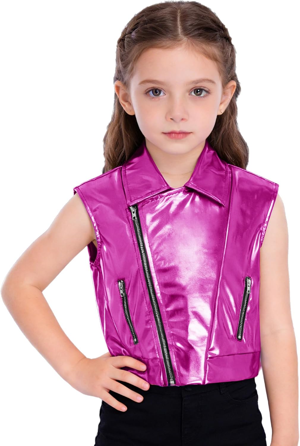TiaoBug Girls Metallic Jazz Dance Tops Kids Waistcoat Shiny Zip Up Vest for Stage Performance Hip-hop