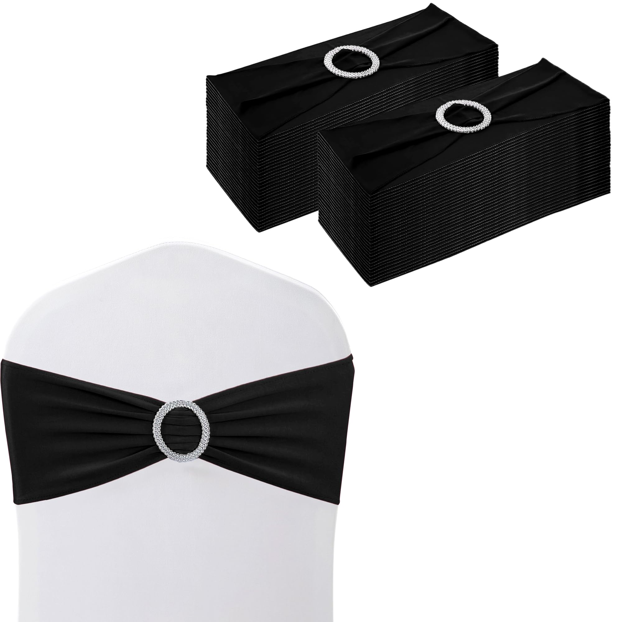 Weddecor Black Stretch Chair Bands Plain Spandex Band With Slider Buckle For Wedding Party Chair Decoration, Events Supplies, Formal Meeting, 13 X 6 Inches, 25Pcs