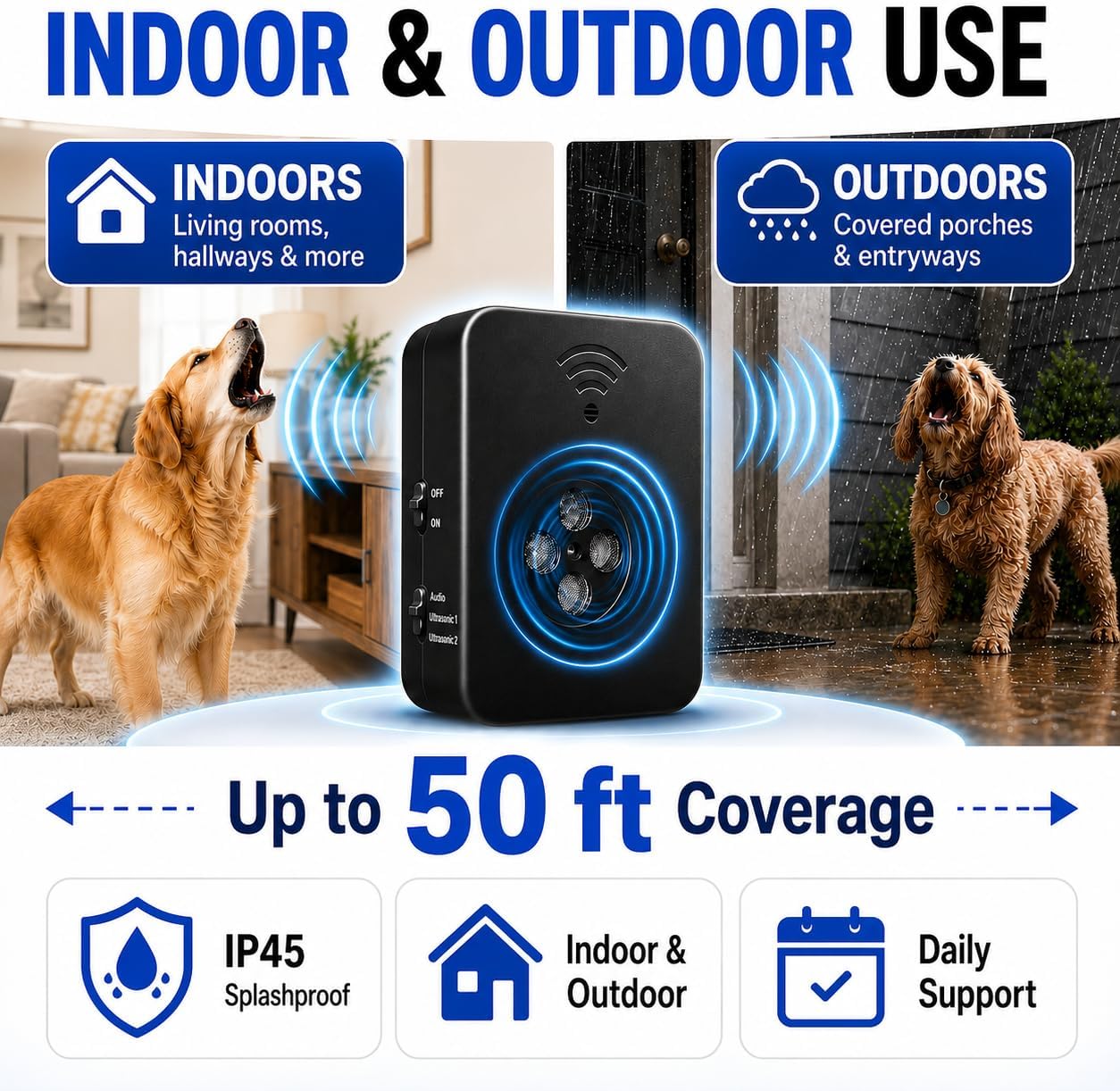 Automatic Anti Barking Device for Dogs, 4-Emitter Ultrasonic Bark Deterrent, 50 FT Range, 3 Modes, USB Rechargeable Hands-Free Indoor Outdoor Bark Control Box for 6-120 lb Dogs