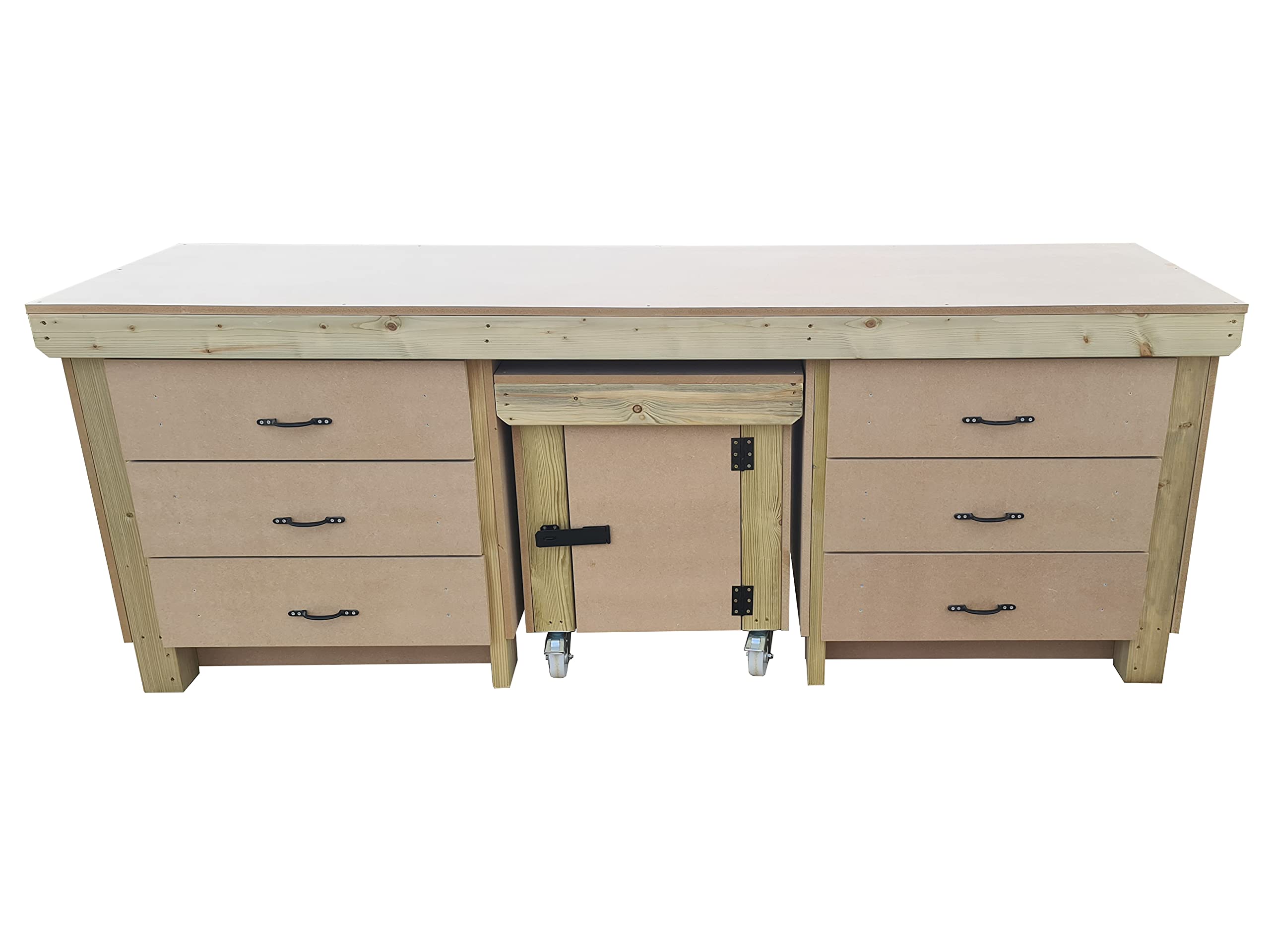Arbor Garden Solutions Wooden Workbench 18mm MDF Top With Drawers and Functional Movable Lockable Cupboard (7ft)