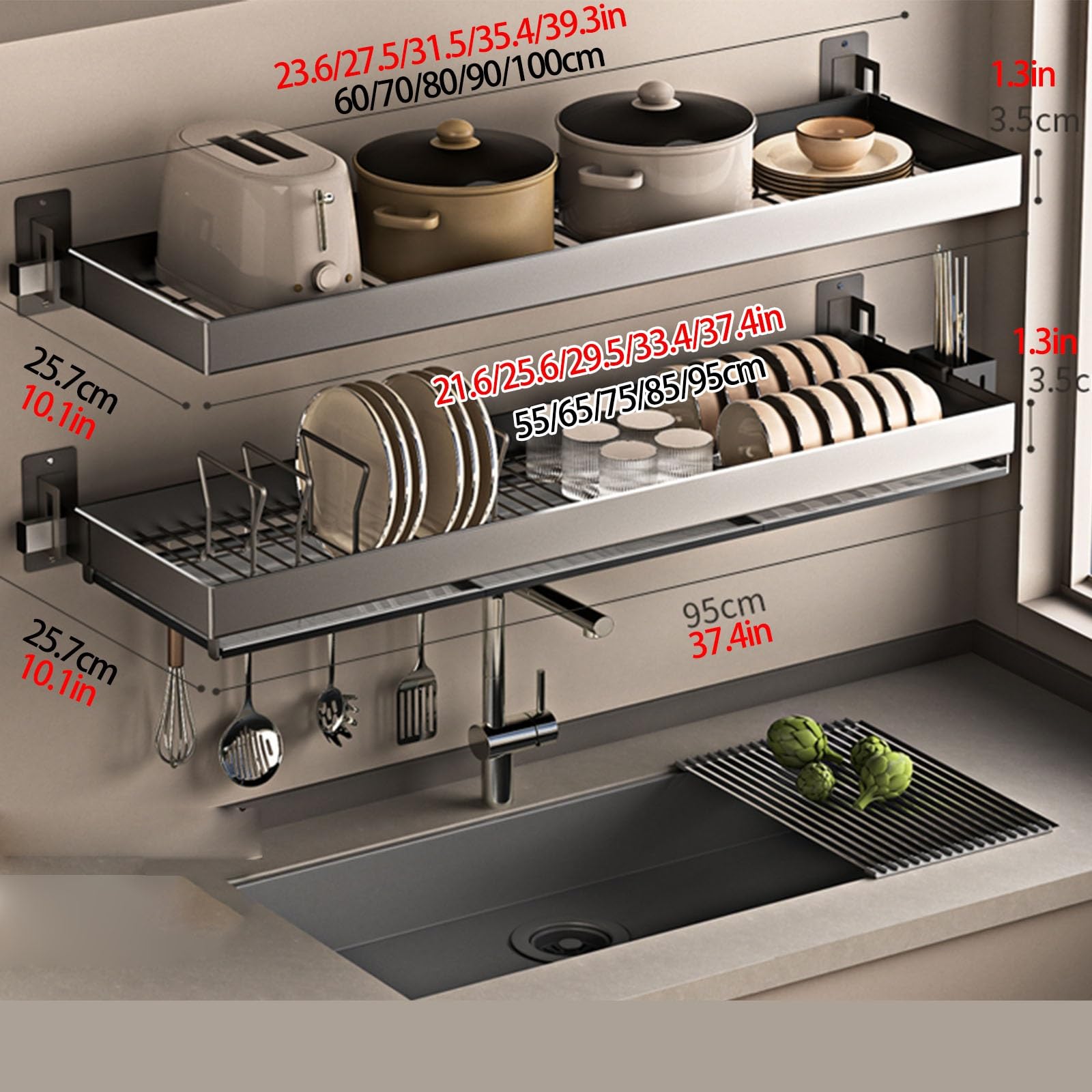 Abtropfgestell, Wandmontage, Edelstahl, Küchenorganizer mit Abtropffläche und Haken, platzsparendes Regal für Teller und Geschirr