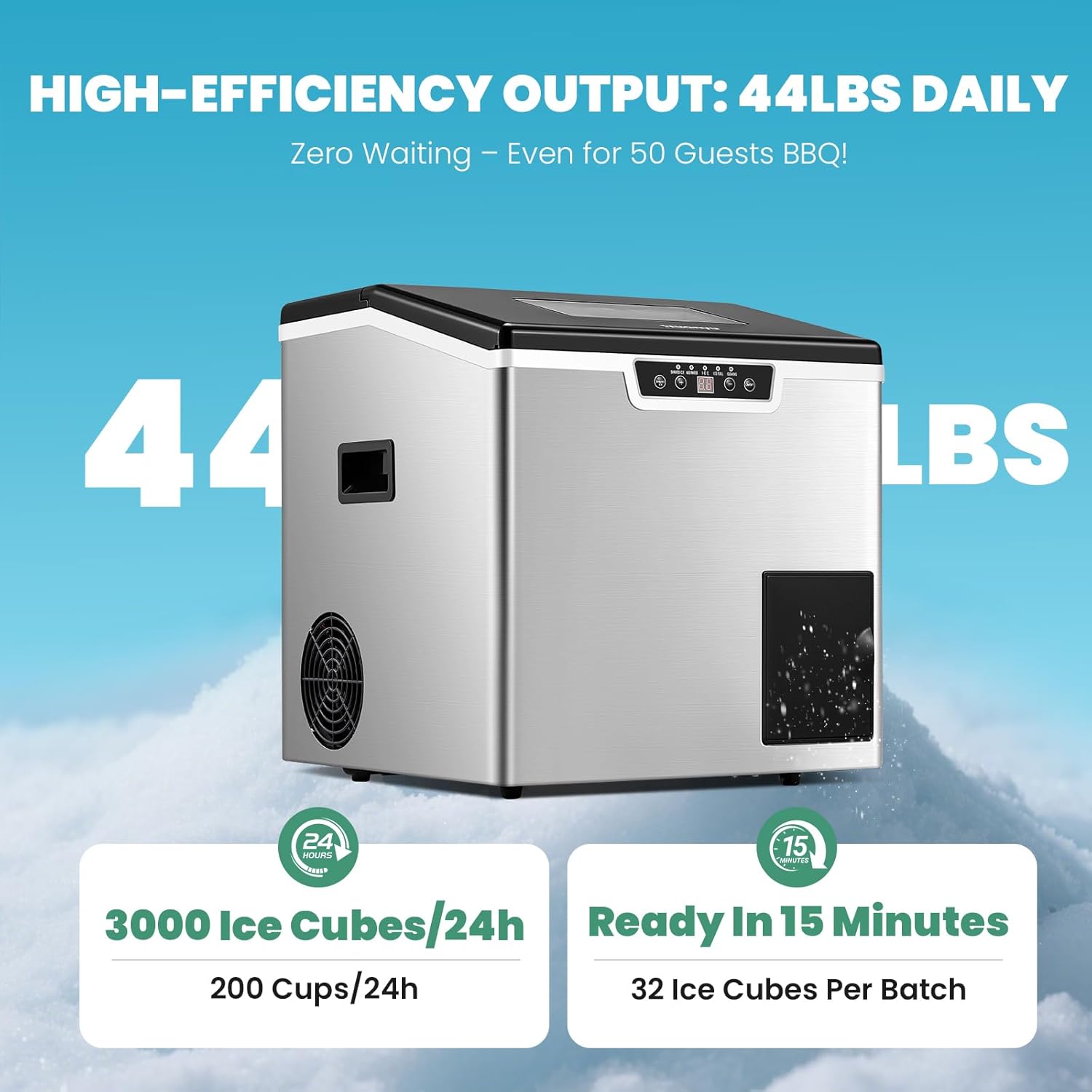 Huanyu 2-in-1 Ice Maker and Shaver Machine, 44lbs/Day High Output, 3 Water Supply Modes, Adjustable Ice Thickness,Automatic Self-Cleaning, Compact for Countertop