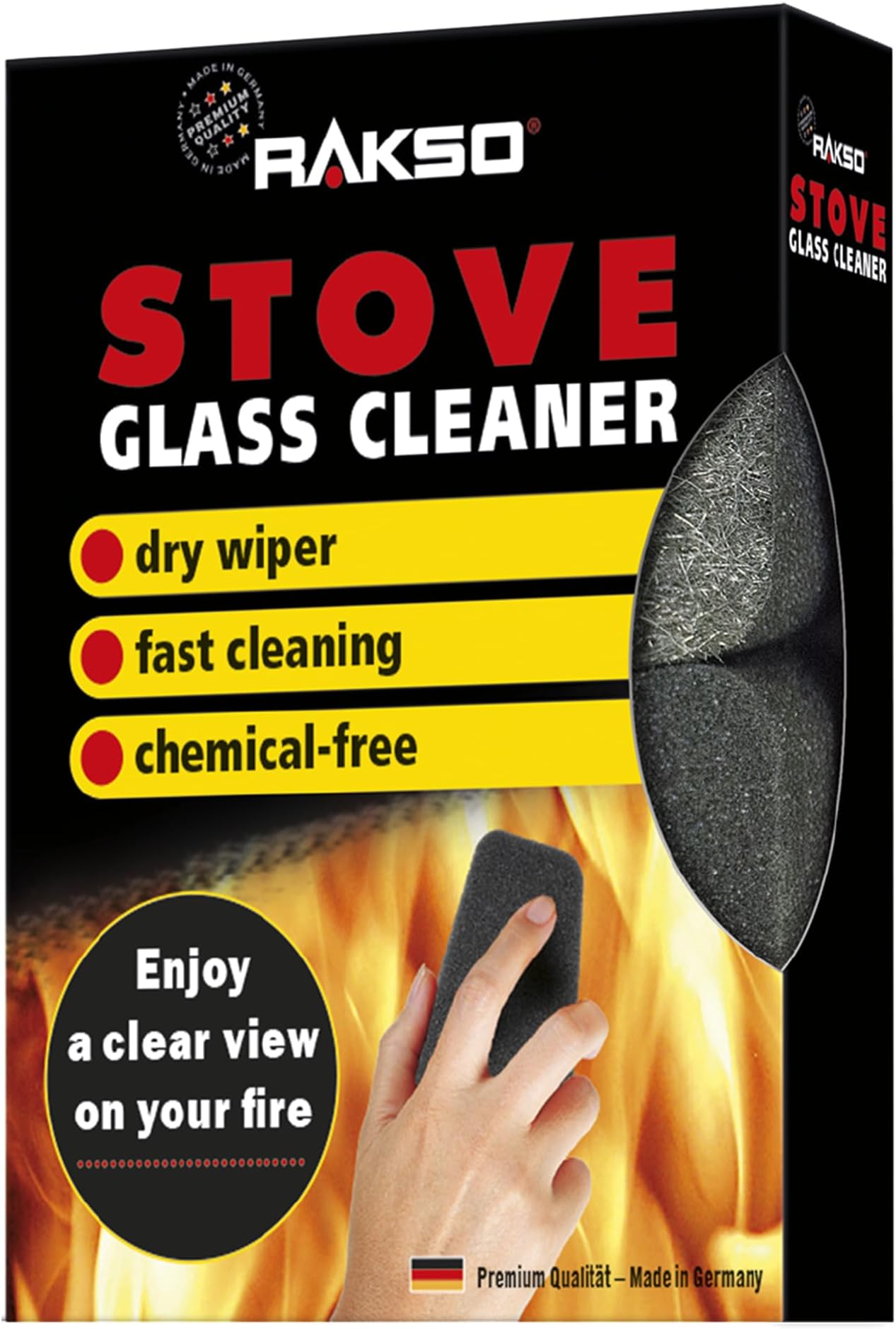 RAKSO Stove Glass Cleaner for woodburning stoves and Burners, Sponge, Fireplace Cleaner, Glass pane Cleaner, 2 Pieces, Black
