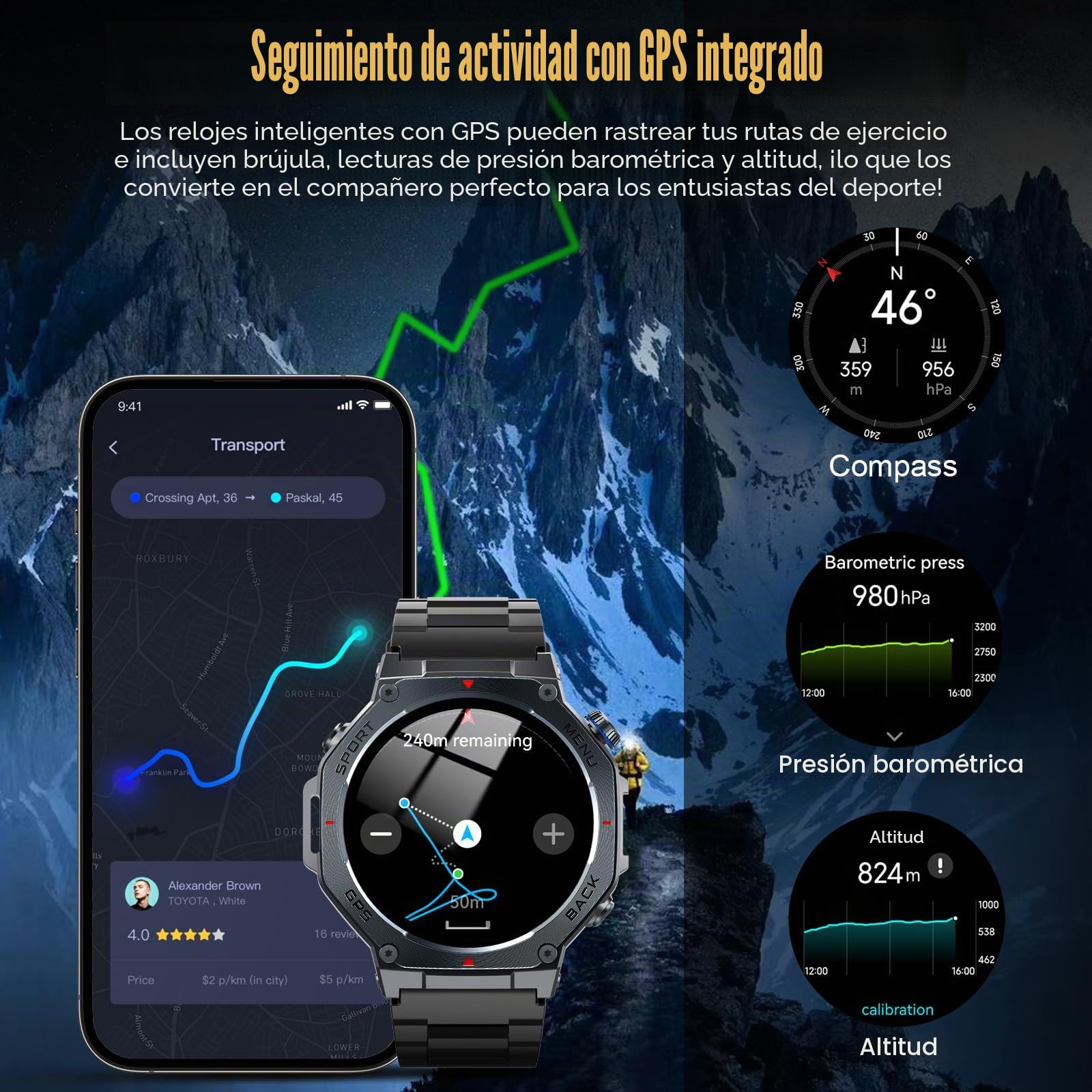 Reloj Inteligente Hombre con GPS, 1.43" AMOLED Militar Smartwatch con Llamadas Bluetooth/Podómetro/Monitoreo de Sueño/Pulsómetro/SpO2, 5ATM smart watch 160+ Deportes Pulsera Actividad para Android iOS