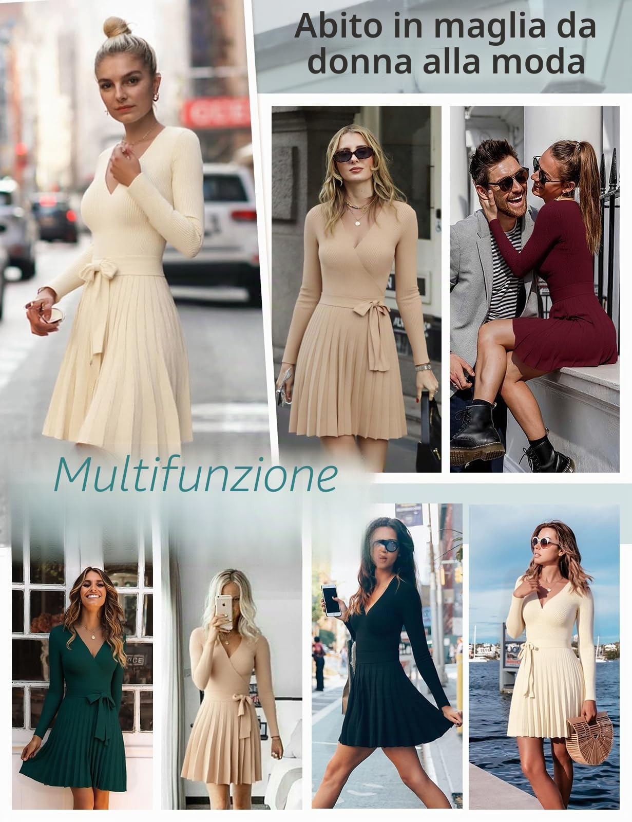 heekpek Abito Elegante Donna Invernale Scollo a V Vestito Donna Maniche Lunghe Abito di Maglia Sexy Abiti Linea A Vita Alta Mini Vestito con Cintura
