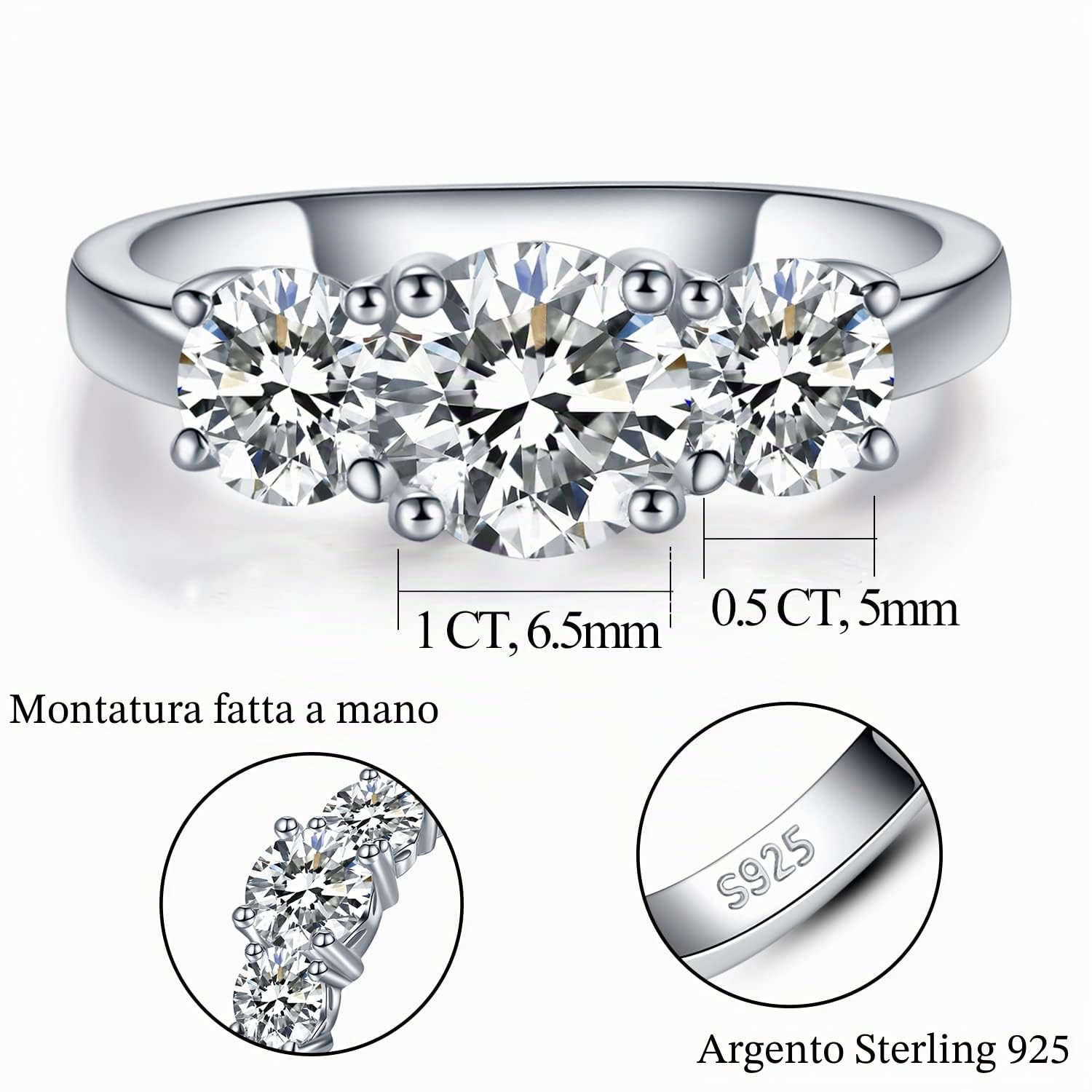Moissanite - Anelli di fidanzamento da donna, con tre pietre in argento Sterling 925, 2 carati, anelli H-V