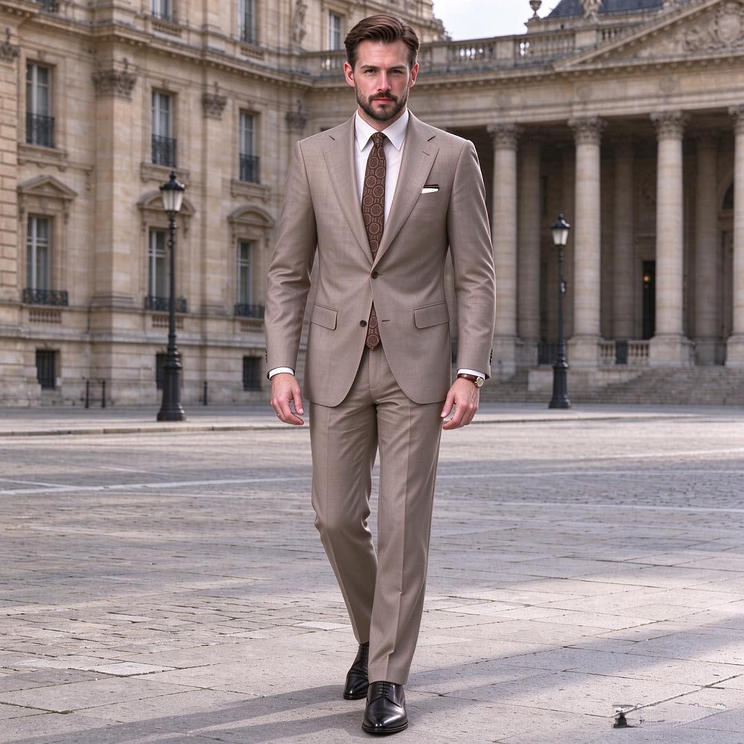 Uomo 2 Pezzi Cachi Completo Revers a Punta monbottoni Blazer & Pantaloni Eleganti Dritti Matrimonio Sposo Business Giacca