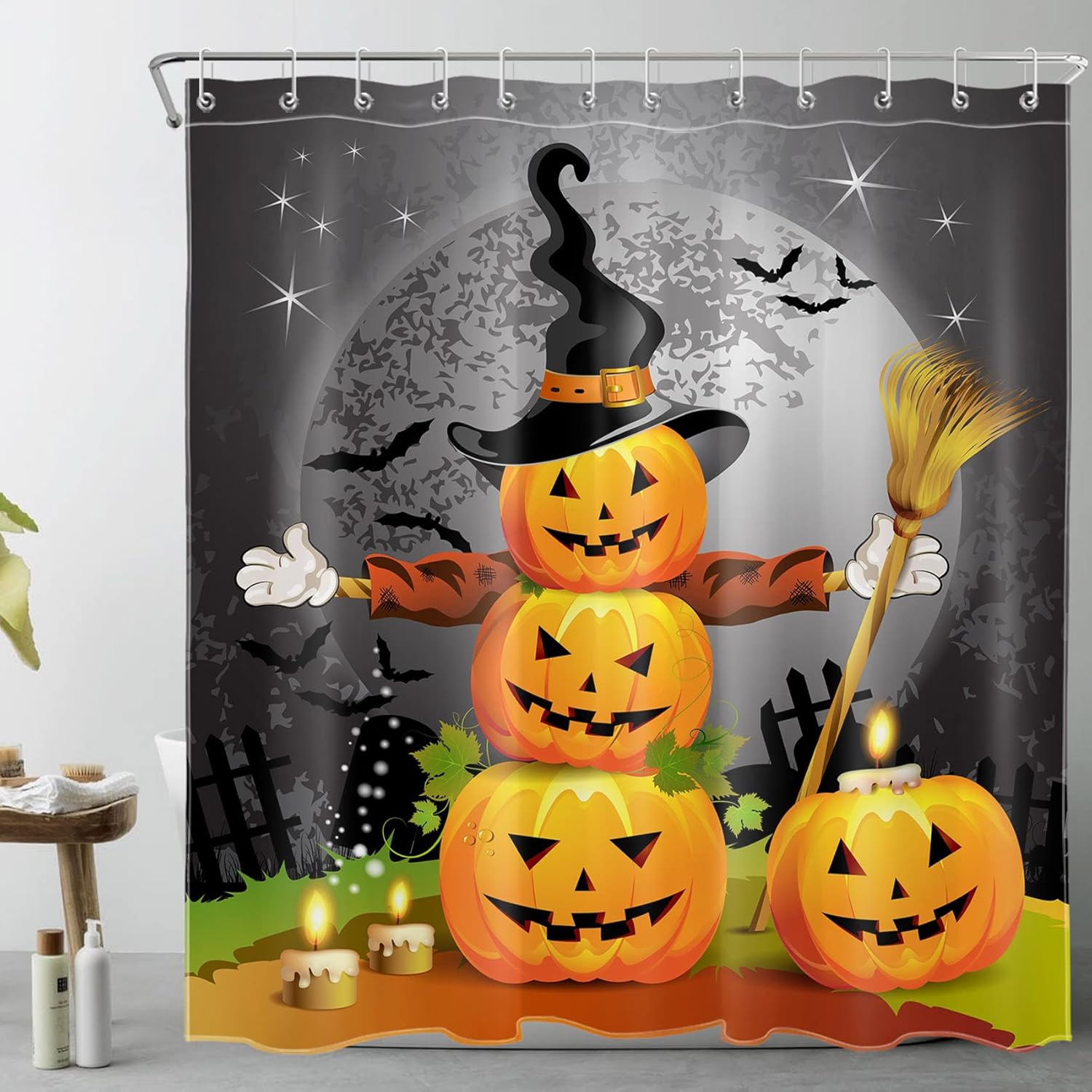 LB Halloween Pumpkin Shower Curtains for Bathroom Witch Hat Broom Decor Hallowmas Shower Curtain with Hooks 72x78 inch Extra Long Polyester Fabric Waterproof