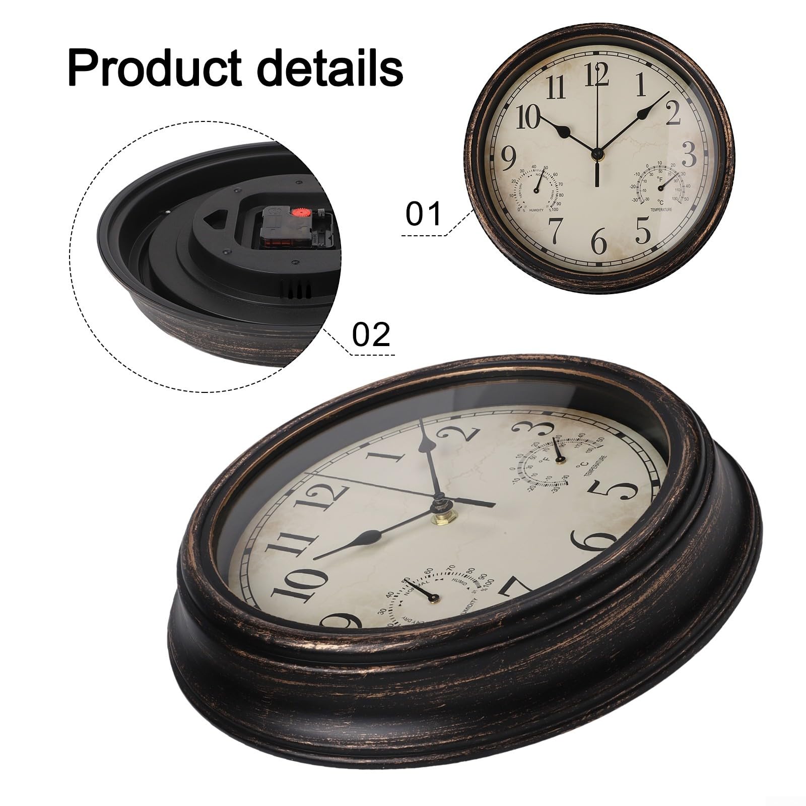 30,5 cm wetterfeste Wanduhr mit integriertem Thermometer und Hygrometer, geräuschlose Outdoor-Gartendekoration, Vintage-Stil, Kunststoffrahmen (Bronze-Gold)