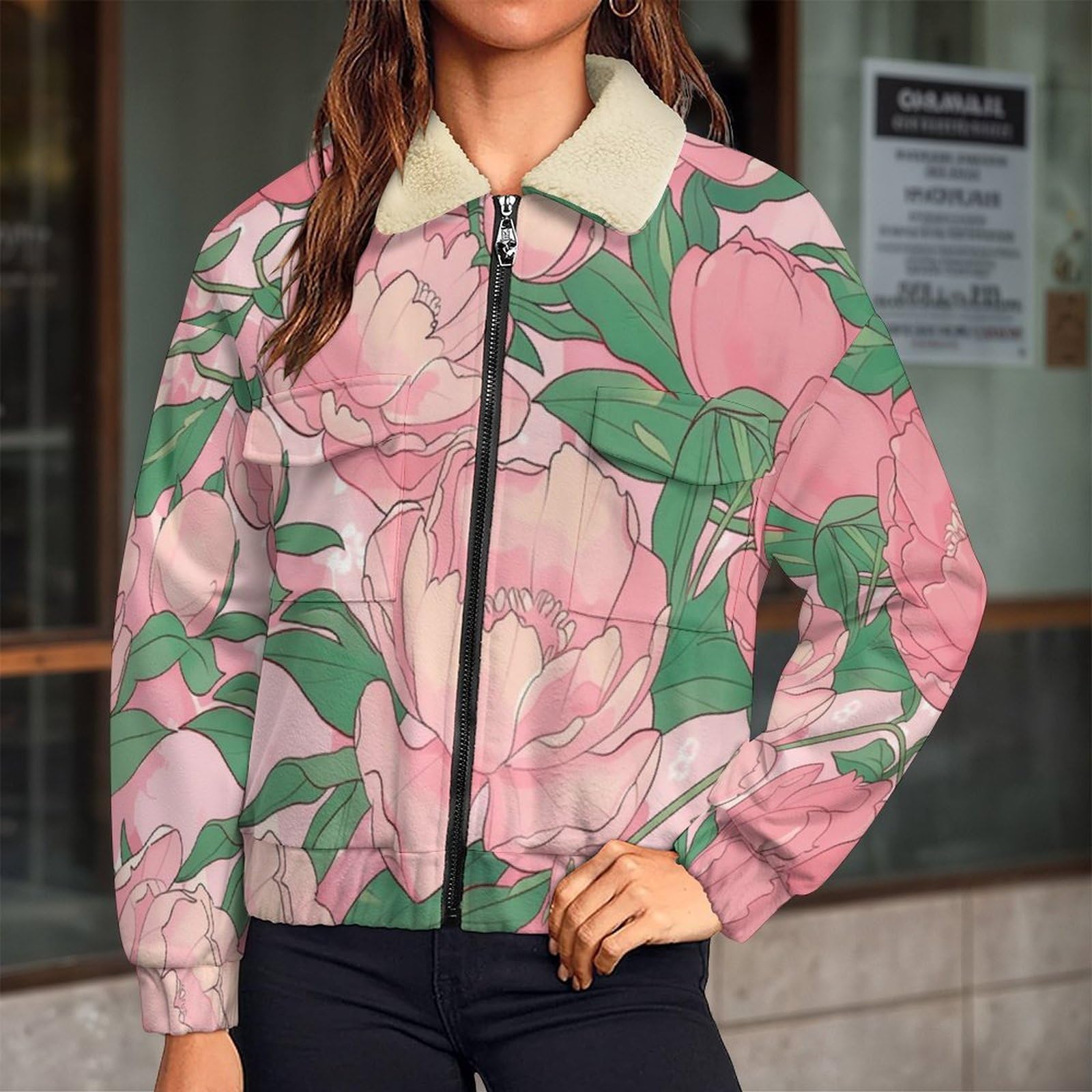 Donna Pile Stampa cartone animato Caldo con Cerniera, Giacca da Camera Invernale Corta Pile Giacche, Grazioso fiore peonia Cappotto In Peluche Sherpa Giubbotto Fleece Comoda
