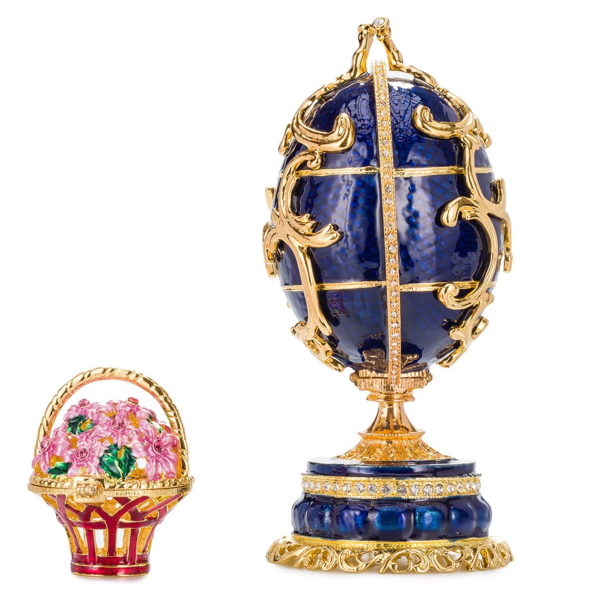 danila-souvenirs Jajko muzyczne w stylu Faberge, Szkatułka na biżuterię Kwiaty wiosenne z koszem kwiatów, 16,5 cm, niebieskie