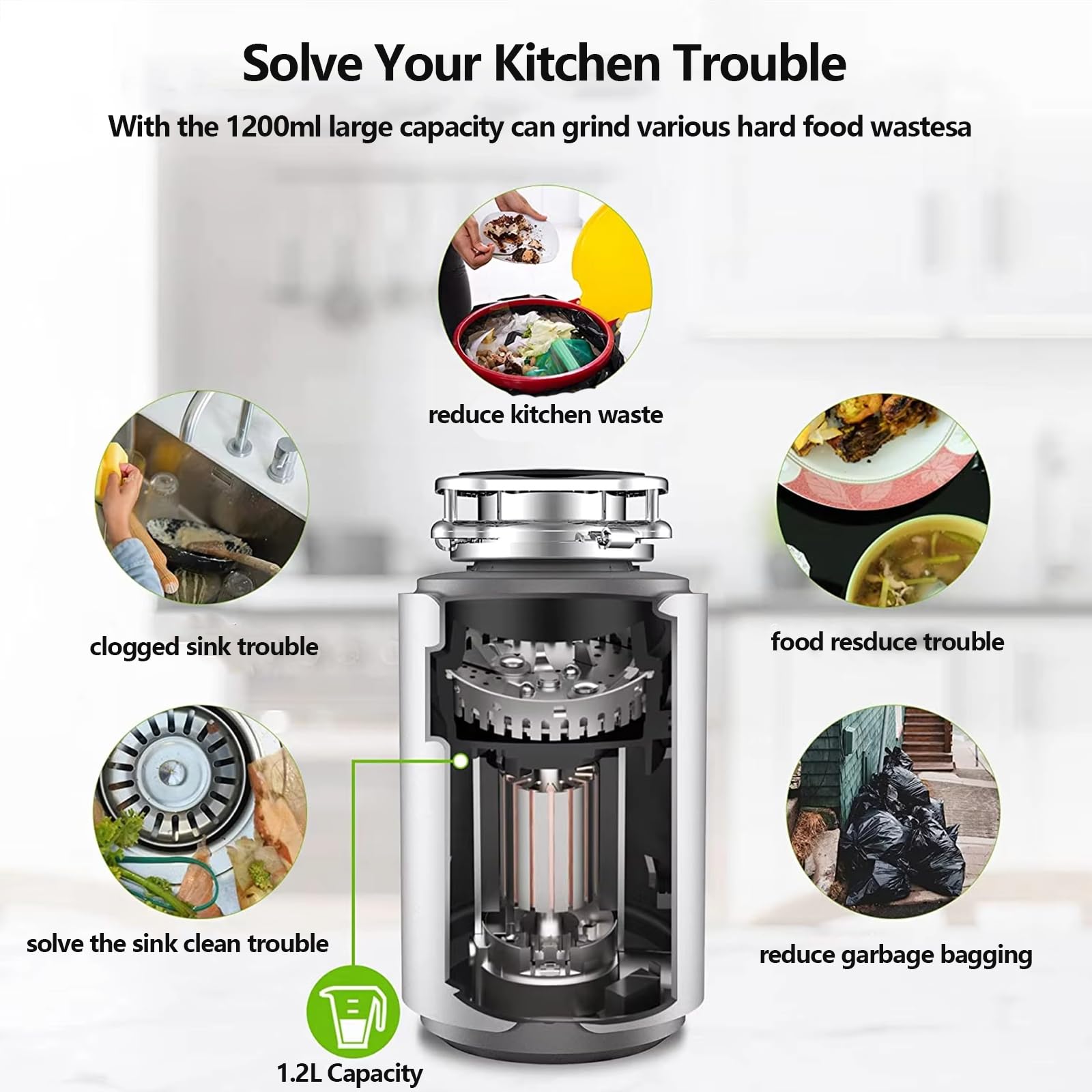 Triturador residuos Alimentos de 560 W, 3800 R/min, con 7 Niveles de molienda y protección contra sobrecarga Temperatura, Acero Inoxidable Serie Titanio, eliminación de Basura de 1200 mlcapacidad