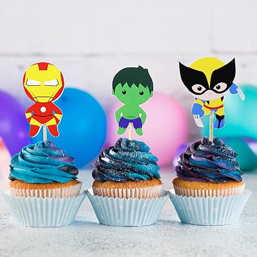 Miniatura 2 de 24 piezas de confeti de dibujos animados de superhéroes para cupcakes para niños, fiesta de cumpleaños, suministros de decoración de pasteles,