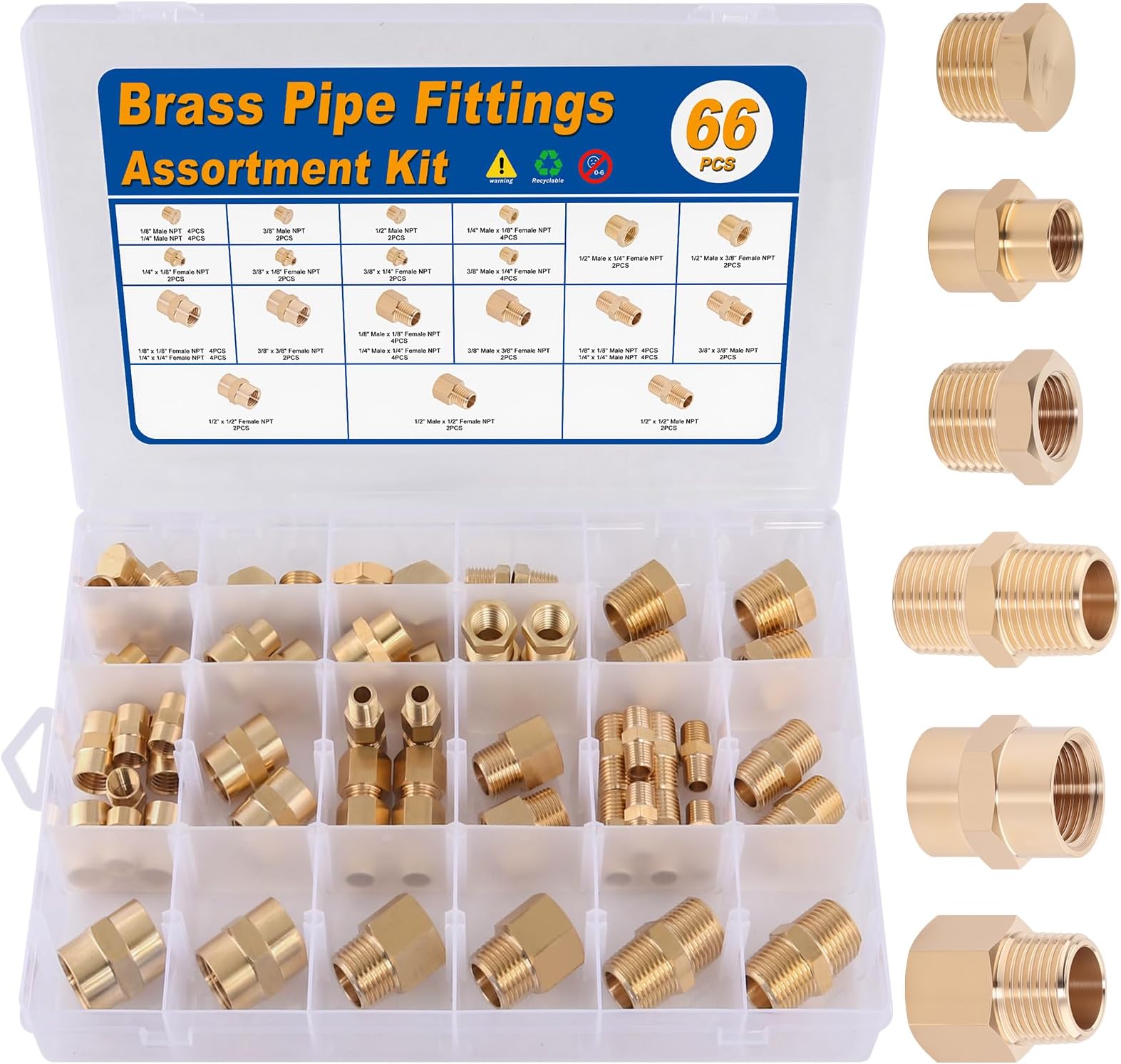 66PCS Brass Pipe Fittings Assortment Kit NPT Adapter Fitting, Reducer Bushing, Hex Nipple, Reducing Hex Coupling, Pipe Head Brass Plug Kit